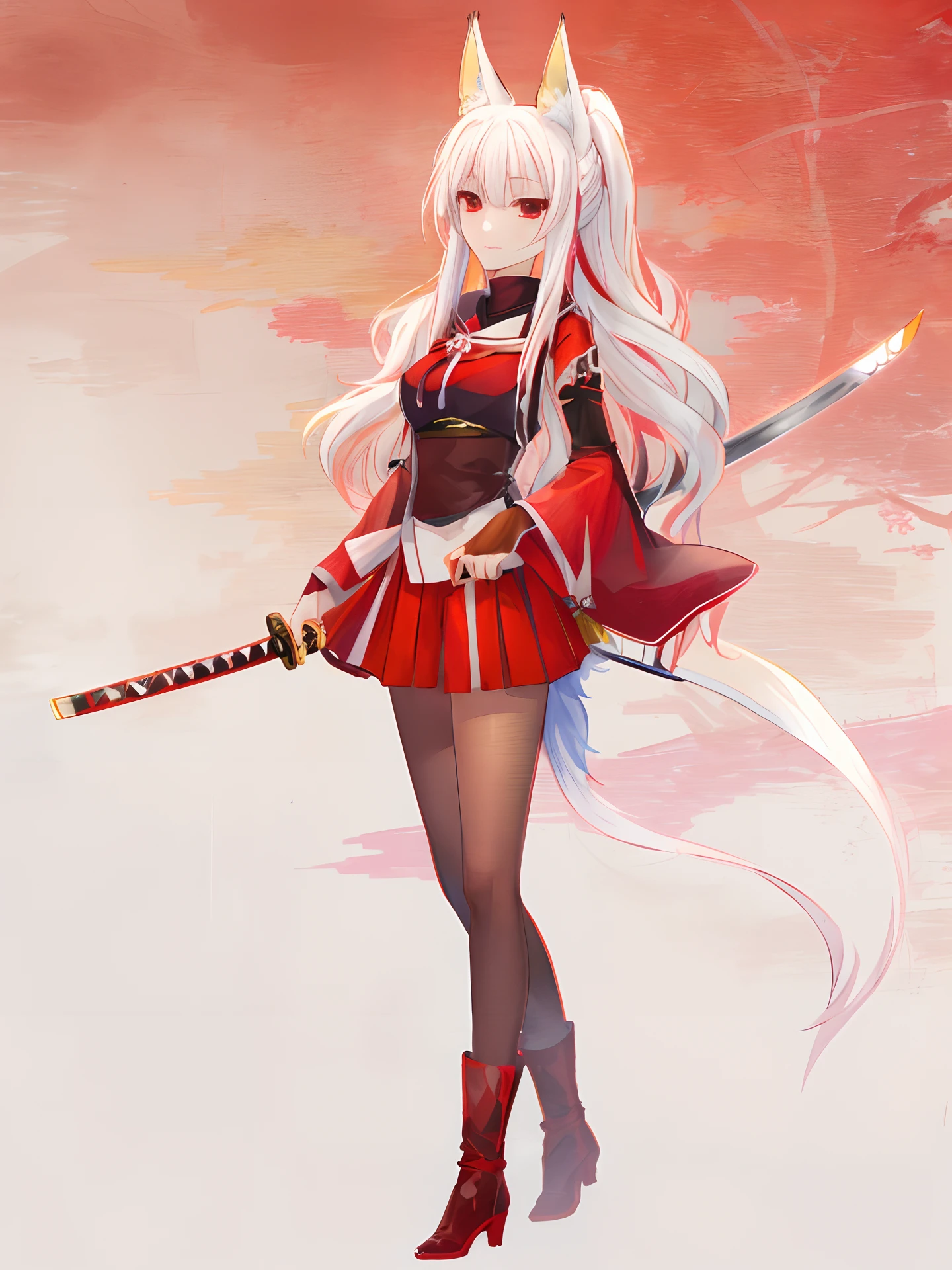 (anime kitsune girl with long white hair in ponytail), (fox girl holding a katana and wearing a skirt), (red eyes), white haired deity, neutral expression, high quality, ((extreme detail)), forest village in background