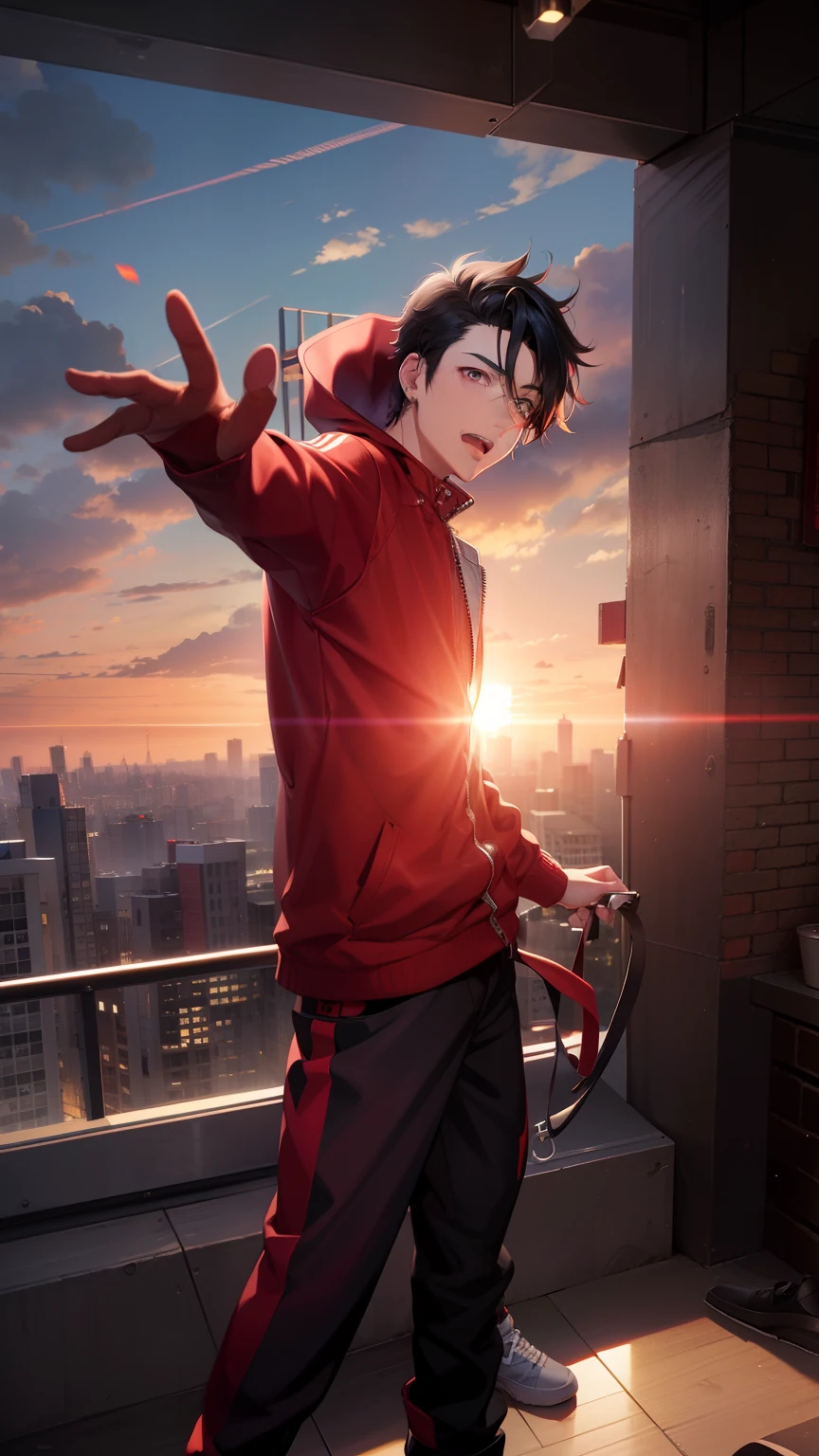 yamada ichiro\(hypnosis mic\), 1boy, solo, looking at viewer, the dirty dawg, 17 years old, profile, (short hair), red eyes, bangs, black hair, hair between eyes, heterochromia, green eyes, mole under eye, (red shirt), loose pants, bontan, gakuran, open jacket, stud earrings, hood down, zipper, red hood, black belt, belt, black pants, sleeves rolled up, lens flare, sunset
