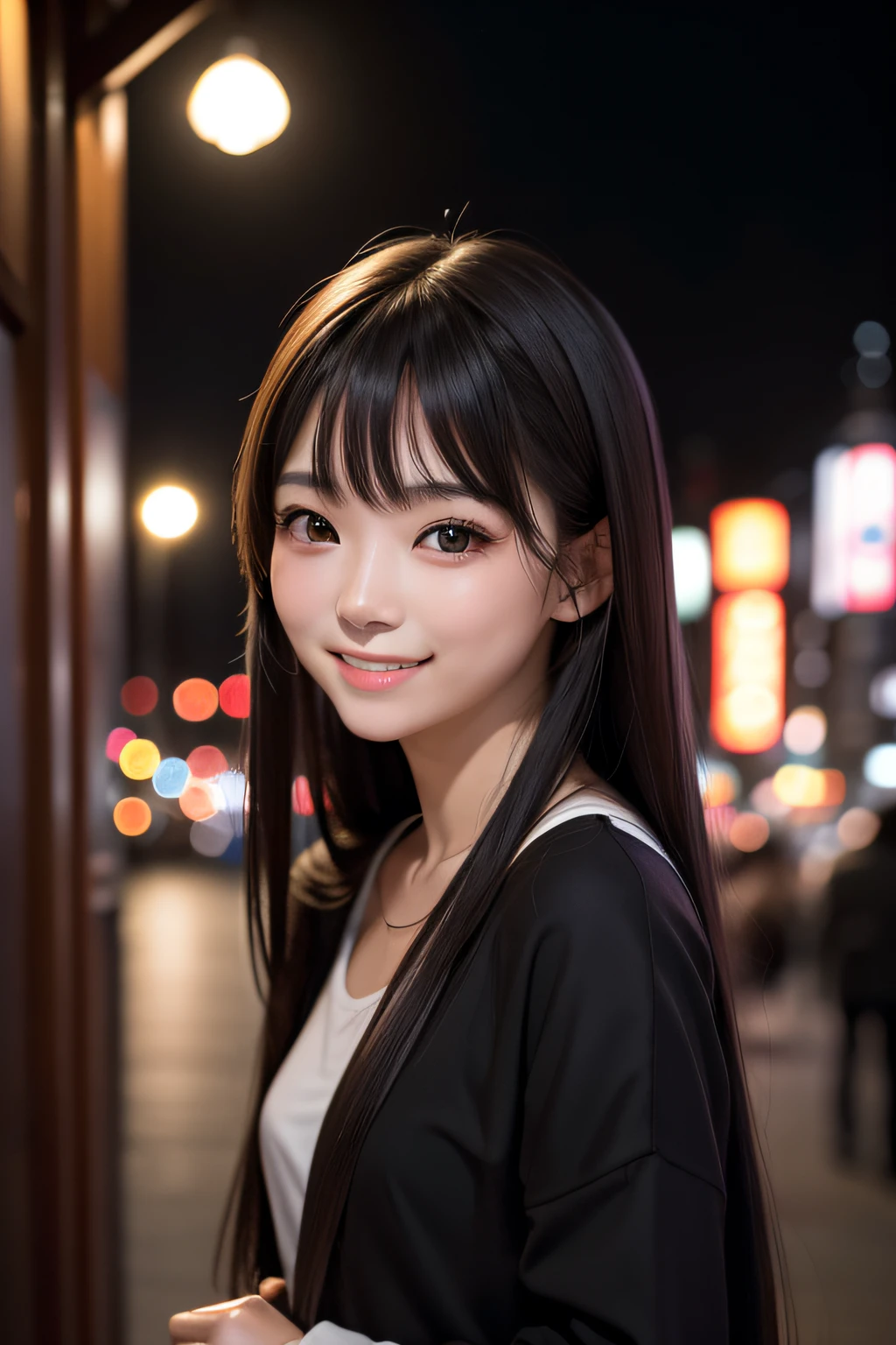 studio lights、depth of fields、The upper part of the body、A slender、cute  face、A smile、Beautiful detail eyes、Japan 19 years old、cute little、Voluminous straight hair in warm black color、plaza、rcasual 、Tokyo Tower、