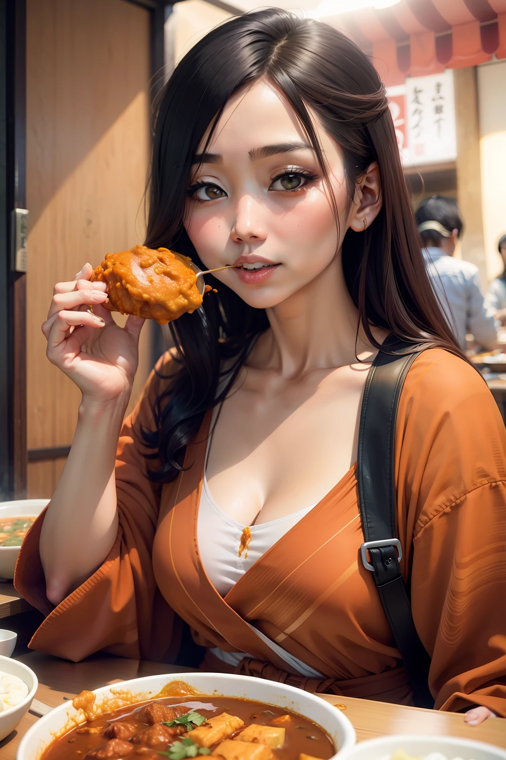 Beautiful woman eating popular curry in Japan