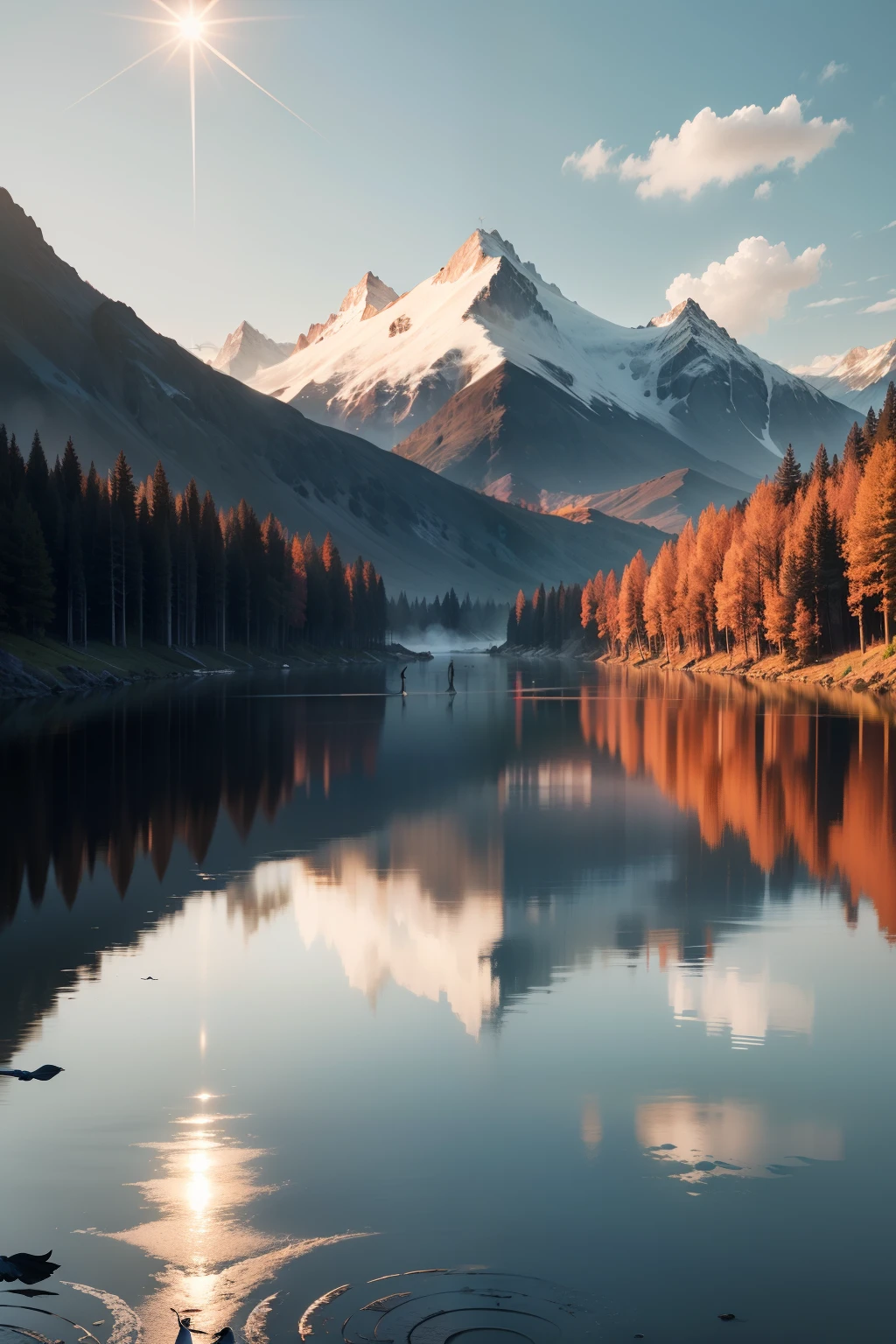 High mountains and flowing water，reflection on the lake，The rising sun rises in the east，Cranes spread their wings，High-definition ultra-clear images