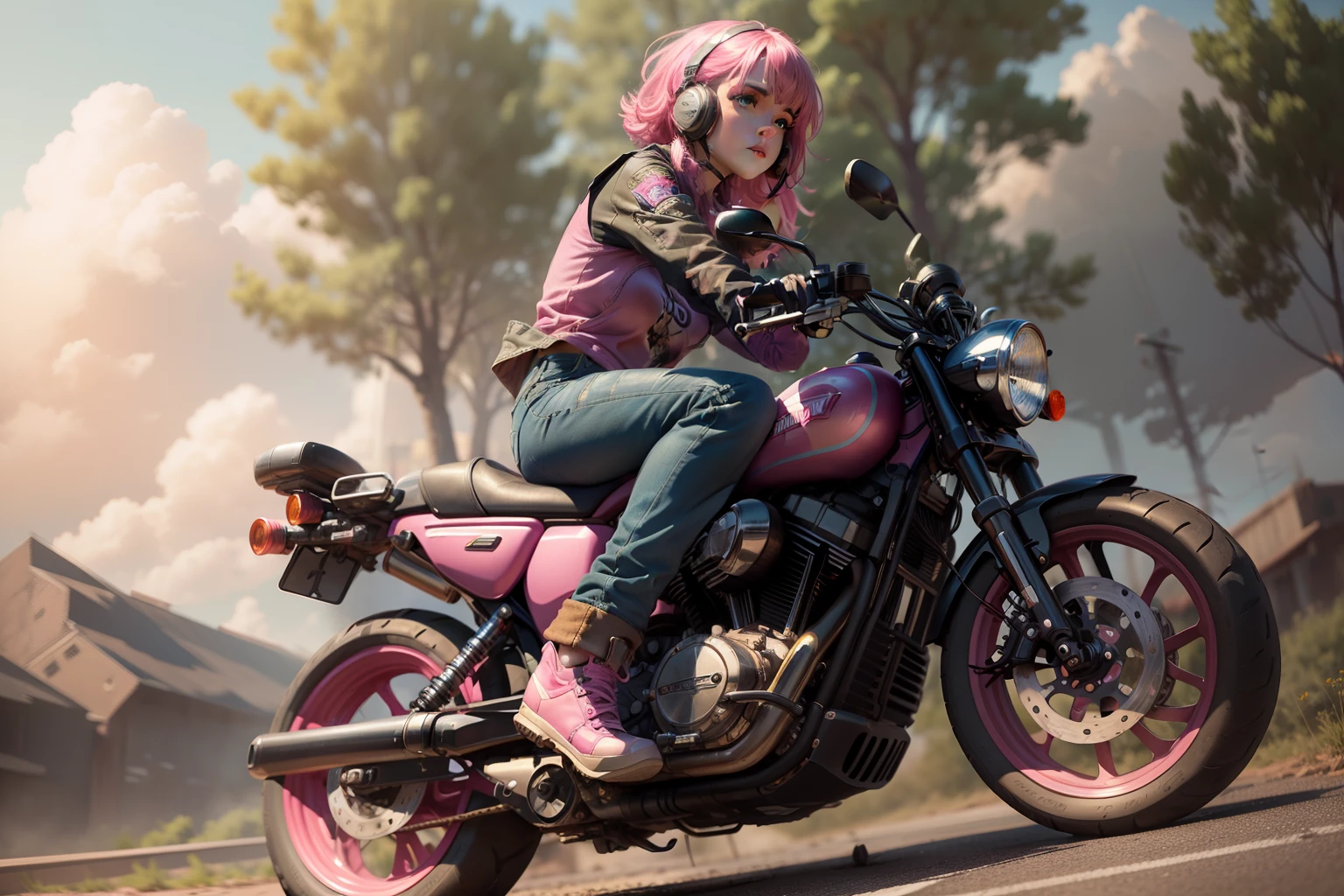 Beautiful lofi girl riding a massive pink Harley Davidson motorcycle side view, one black shoe facing camera, dragging tin cans behind, side view, complete view of motorcycle and riding buddies like swiper, long shot, forest and country background, looking a little like Dora the explorer, bombing down the highway, wearing a pink tee shirt and blue jeans shorts, with a crazy determined look in her eyes, summer background scene, Adobe Photoshop, Realistic Digital Painting, Portrait, High Resolution, Warm light, Symbolic Art, photorealistic, hyper-detail, 24k resolution, in traffic police from behind, commuters in front. preparing