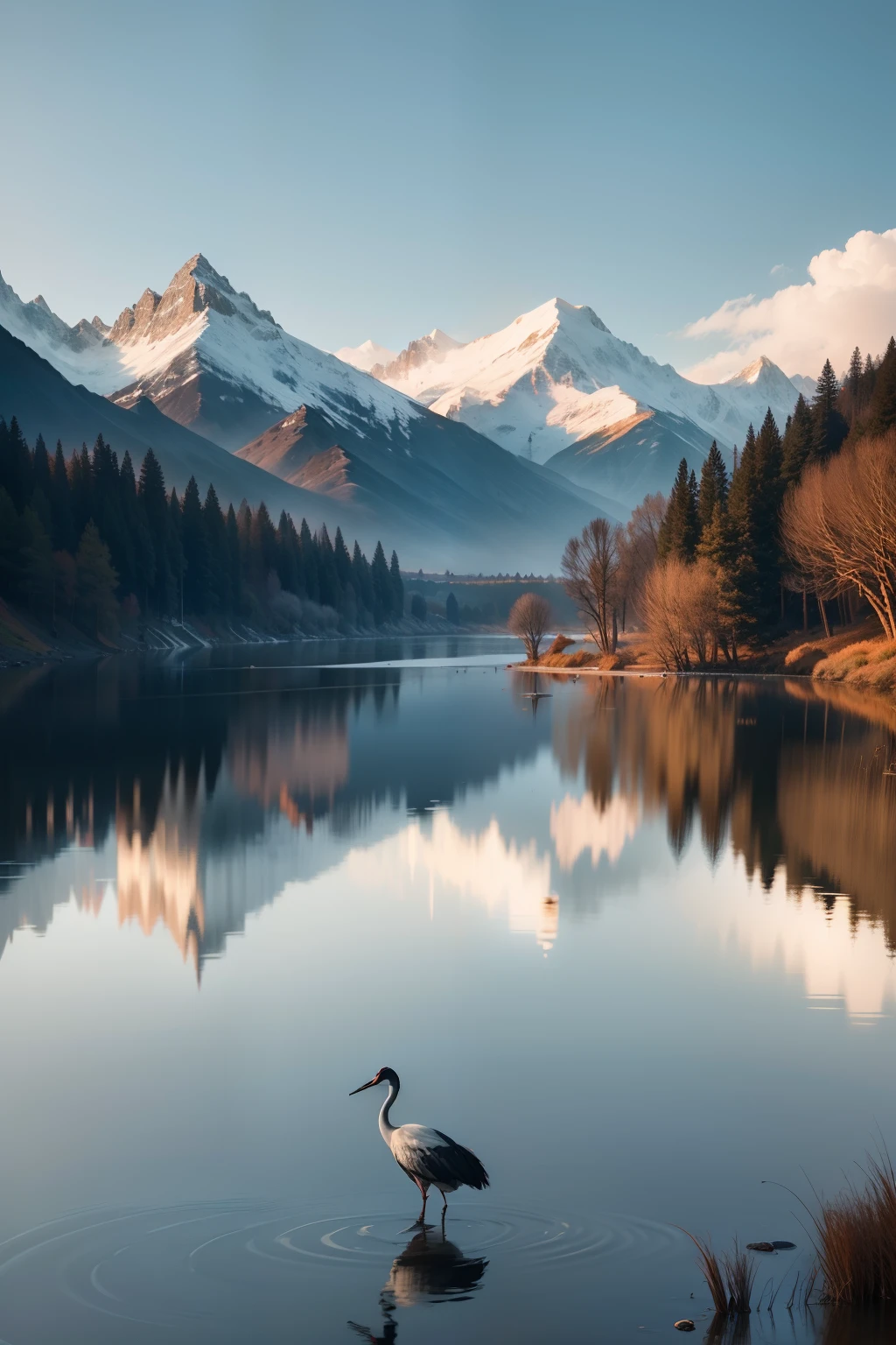 High mountains and flowing water,reflection on the lake,The rising sun rises in the east,Cranes spread their wings,High-definition ultra-clear images