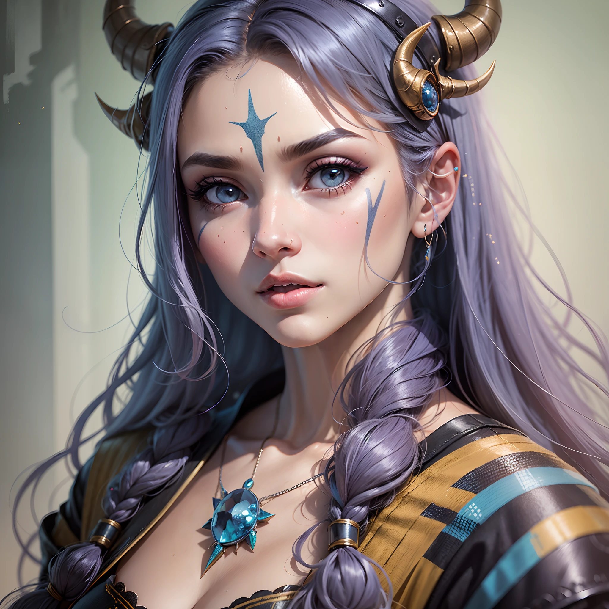 hair bobbles, wince, longeyelashes, light smile, ear blush, multicolored hair, messy hair, long hair, expressive hair, hair over one eye, shiny hair, wet hair, jewelry, bell, facepaint, forehead mark, mask on head, dragon horns, multicolored eyes, crescent earrings, shy, blush, oral invitation, Surrealism, drop shadow, anaglyph, stereogram, tachi-e, pov, atmospheric perspective, anime style, anime, Conceptual art, Futurism, high detail, blending, optical illusion, Sony FE GM, f/16, 135mm, super detail, ccurate, best quality, best quality, highres, high quality, high details, super detail, anatomically correct, UHD, retina, ccurate, textured skin, 16k