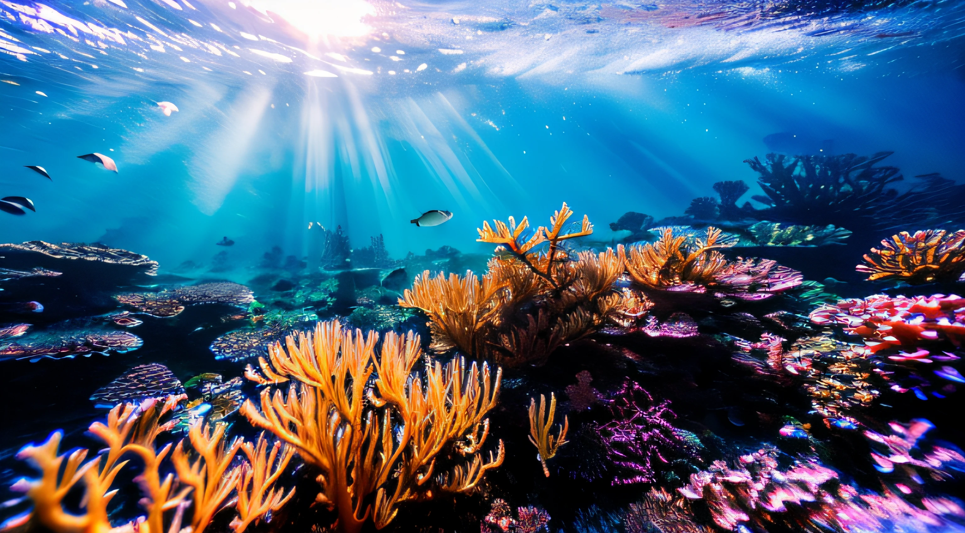 8K，4K，Fine picture quality，Underwater world，The corals，rays of sunshine。