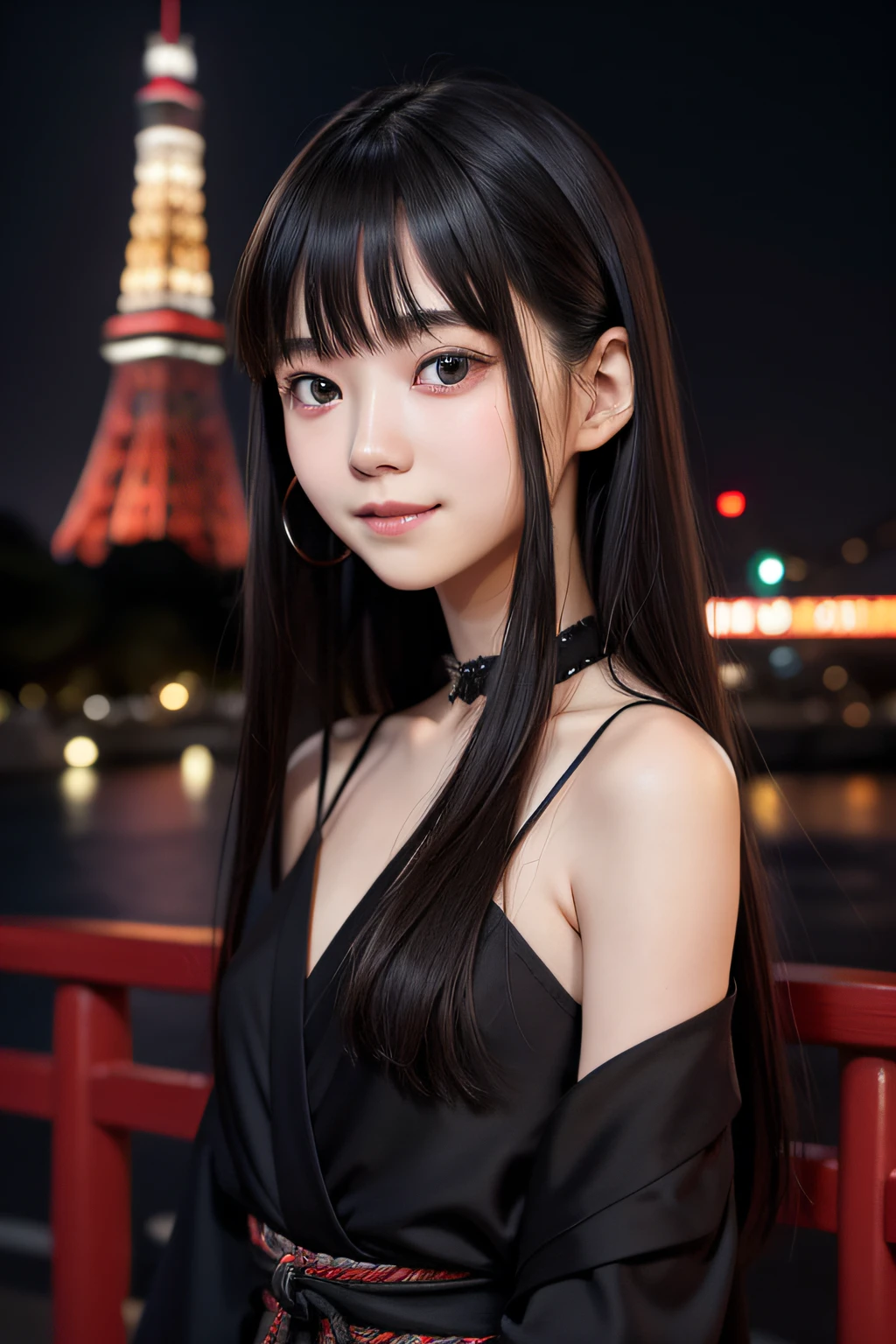 studio lights、depth of fields、The upper part of the body、A slender、cute  face、A smile、Beautiful detail eyes、Japan 19 years old、cute little、Voluminous straight hair in warm black color、plaza、rcasual 、Tokyo Tower、