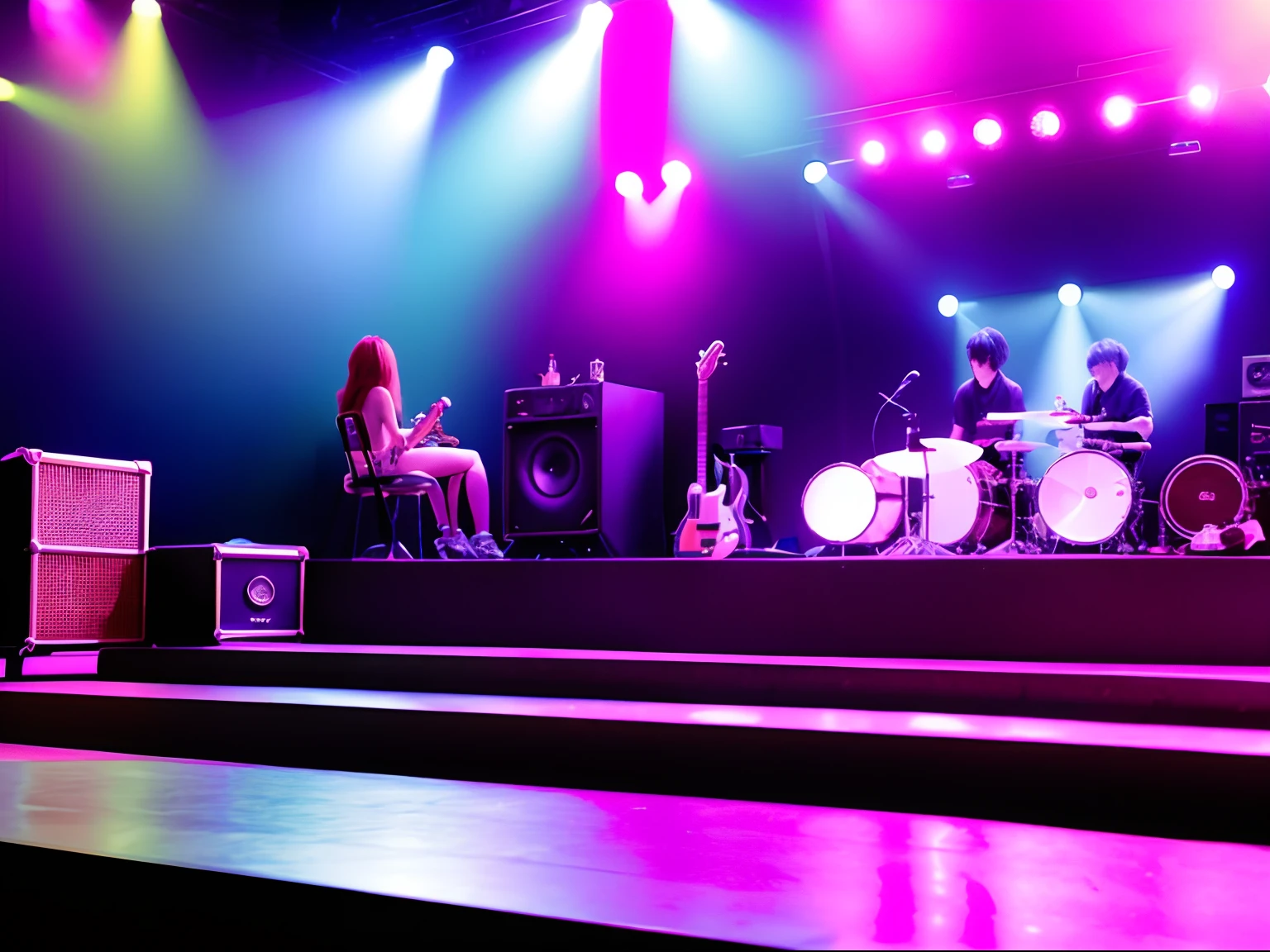 show stage、DJ Booth、Guitar amp、Drum kit、Cocktail lighting、Spectators sitting around