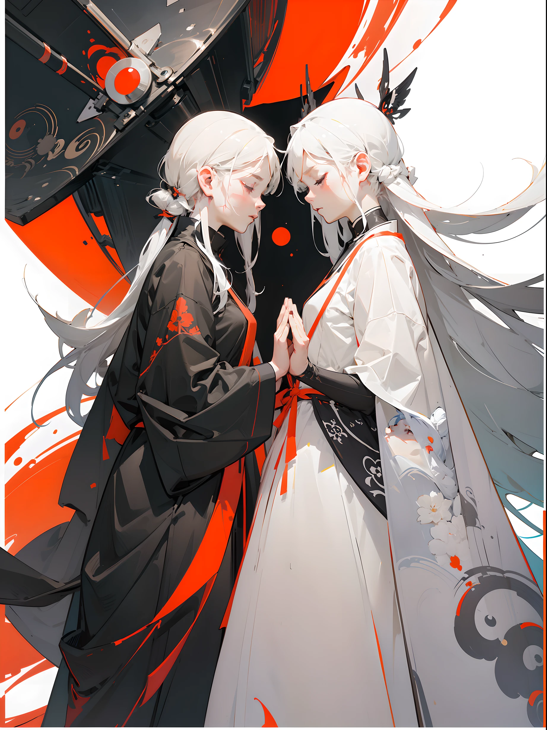 two girls, white hair, close eyes, praying, in the style of figurative minimalism, warm color palette, utilitarian, organic shapes and lines, illustration, danish design, facing front, wild background, flat illustrations --ar 9:16 --niji 5 -