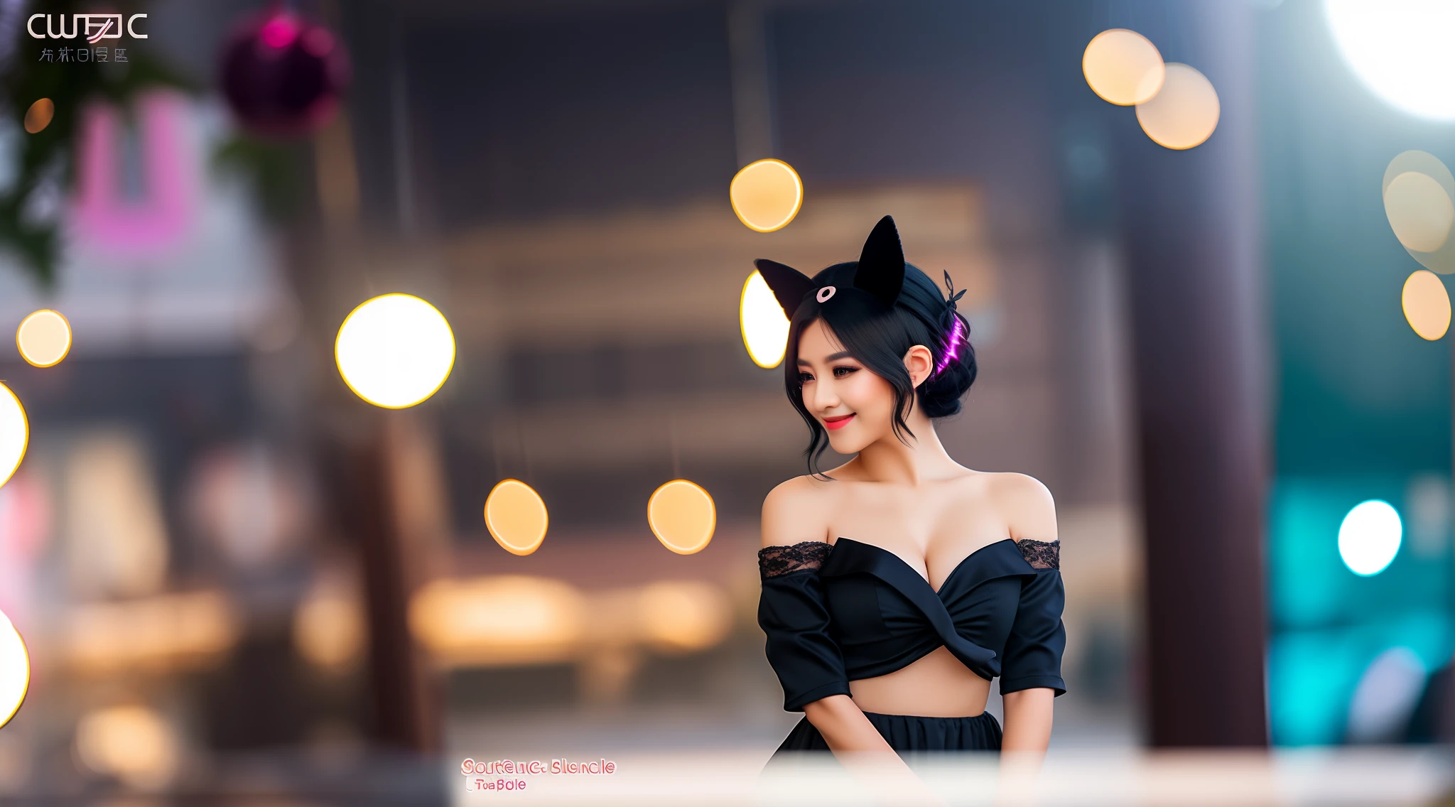 black hair, hair bobbles, wince, longeyelashes, solid circle eyes, fake animal ears, light smile, ear blush, fang, Surrealism, drop shadow, anaglyph, stereogram, tachi-e, pov, atmospheric perspective, 8k, super detail, ccurate, best quality