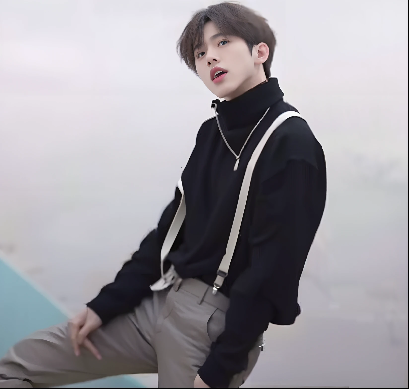 The image of an Arad of a man in a black shirt and suspenders, Cai Xukun, Inspired by Bian Shoumin, Inspired by Song Maojin, inspired by Yanjun Cheng, jungkook, Handsome anime pose, inspired by Kun Can, inspired by jeonseok lee, Male ulzzang, Attractive pose, bladee from drain gang, music video, Inspired by Zhang Han