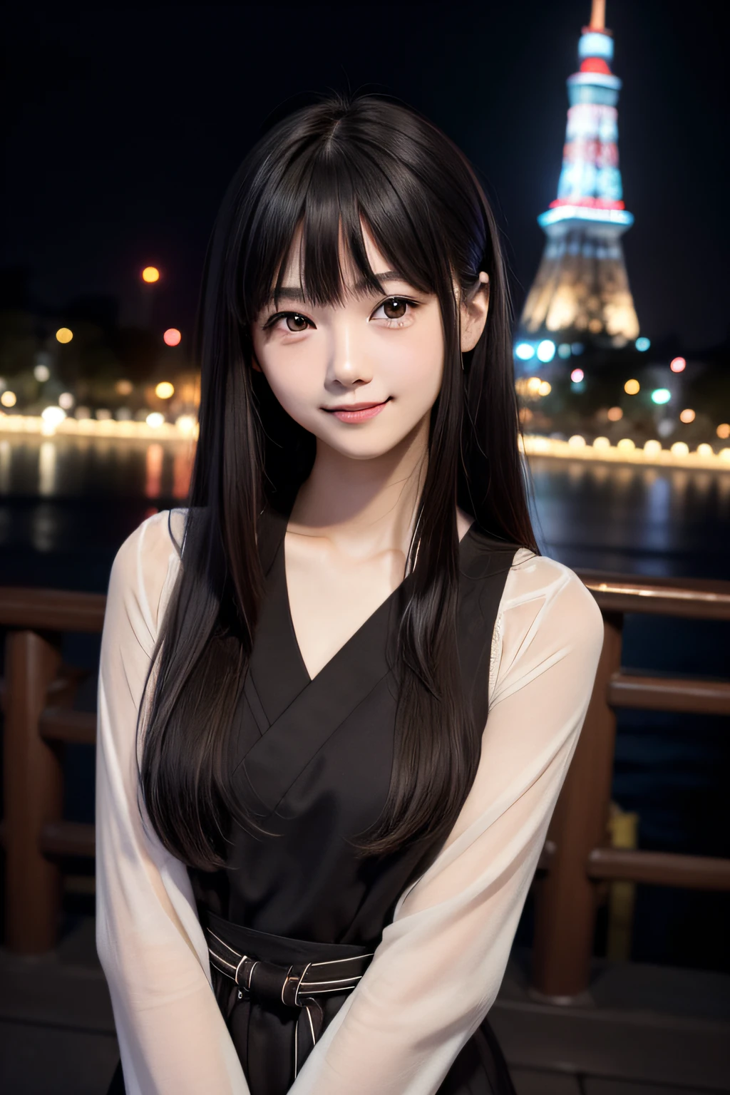 studio lights、depth of fields、The upper part of the body、A slender、cute face、A smile、Beautiful detail eyes、Japan 19 years old、cute little、Voluminous straight hair in warm black color、plaza、rcasual 、Tokyo Tower、