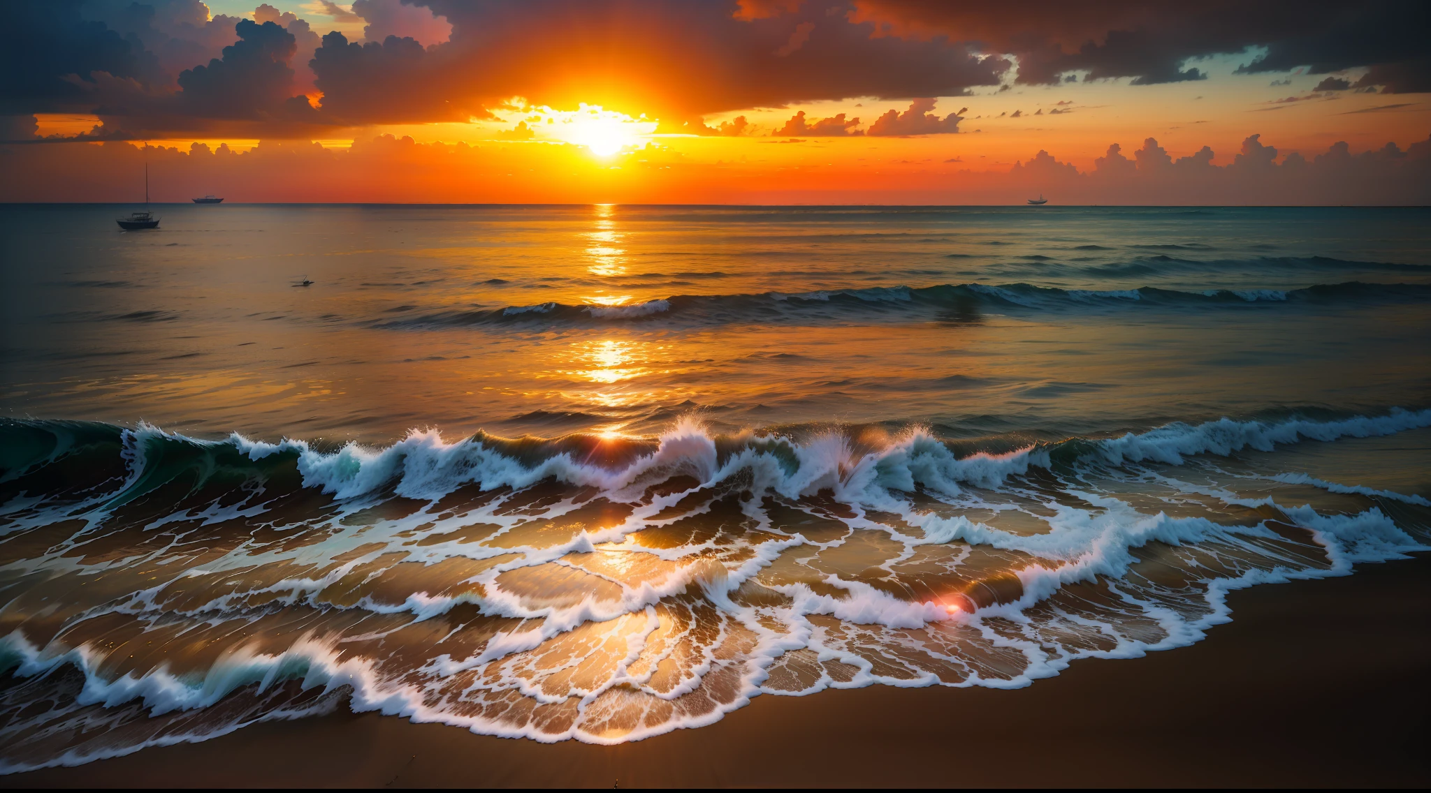 Absolutely mesmerizing sunset on the beach,The sky is mixed with orange、Pink and yellow。The water is crystal clear,Kissing the shore tenderly,The white sand is boundless。Small fishing boats float on the sea,A couple looking into the distance,The scene is full of movement,breath-taking,Seagulls soar high in the air,Palm trees sway gently。Immerse yourself in a calm atmosphere,Let the tranquil surroundings surround you。