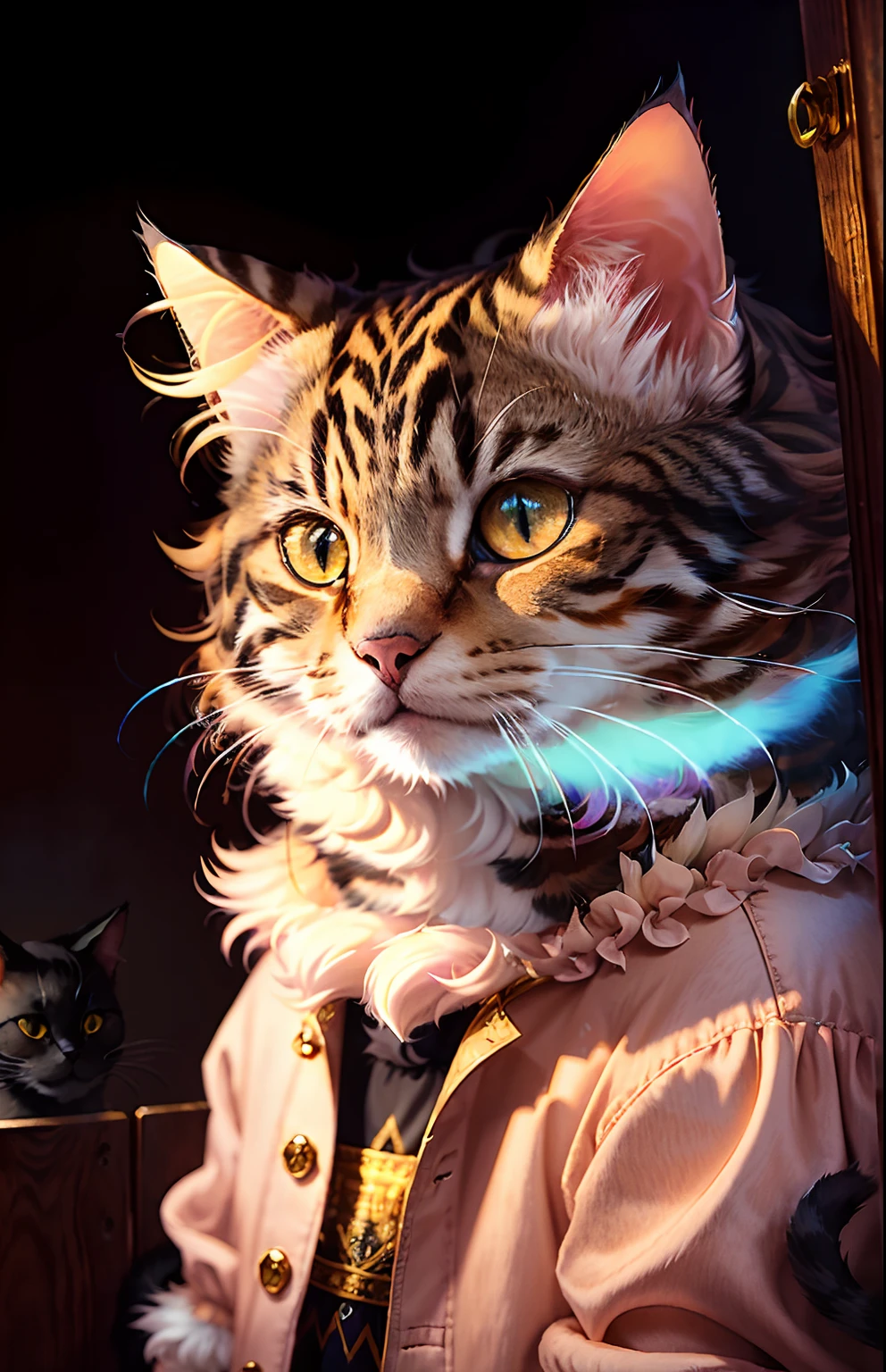 ((A cat in clothes)),,Full shot,Fluffy hair, Anthropomorphic expressions, Rich colors, Exquisite details, Masterpiece, Realistic,artsation, CG, Realistic, illusory engine , Real light and shadow, Beautiful rich colors, Amazing details, High quality,A pair of ears
