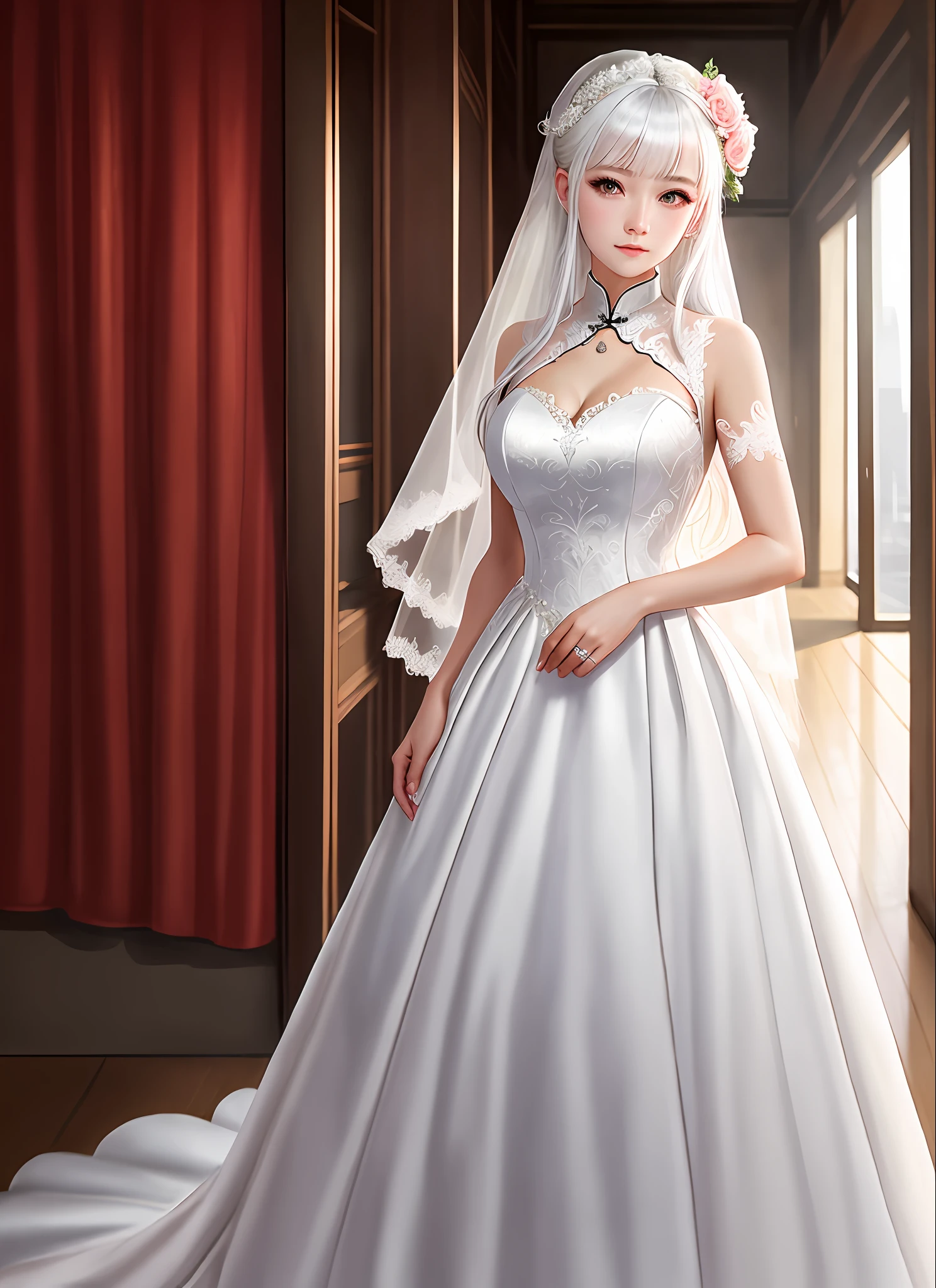 masterpiece, best quality, wedding dress:china dress:0.3, dusk, realistic, loli, white hair, handjob, multiple_paizuri,