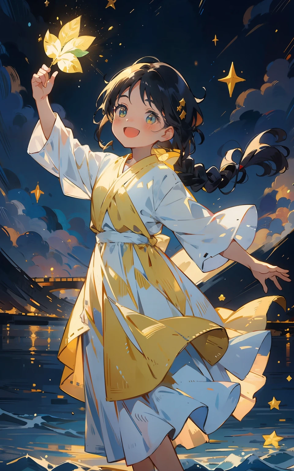 4. The character：Ethnic minority girls，Long black braided at the back in two bunches，Dark green eyes are bright and agile，She wore a cheerful and enthusiastic smile，Dress in gorgeous traditional costumes，A string of colorful streamers is waving in his hand。 scene：She stands in a joyous celebration scene，The streamers fluttered and danced in her hands，Her smile is full of joy and movement，The colors of the streamers complement her costumes，Form a joyful and lively picture。