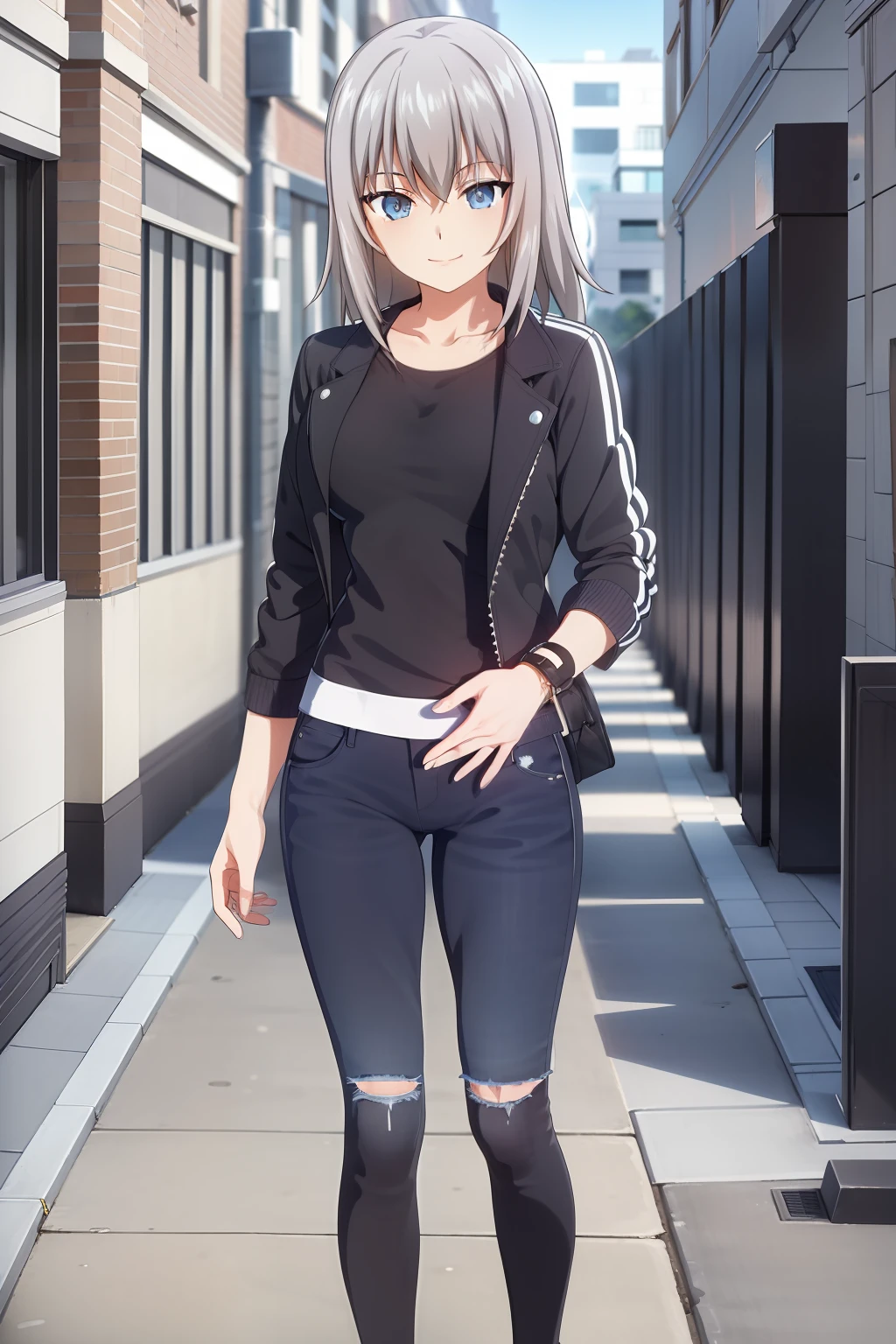 Erika , Dressed in a Modern street style jacket , under it she wears a Dark blue short tank top , a Black Modern street style Jeans , Modern street style Black Sports shoes , She smiles while posing on a nice city wiew