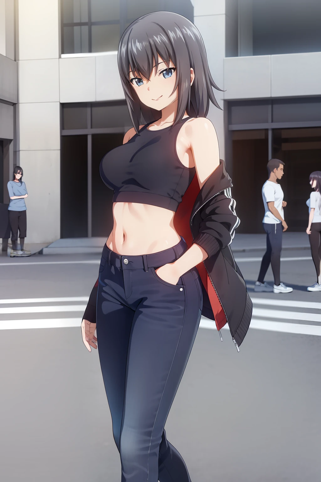 Erika , Dressed in a Modern street style jacket , under it she wears a Dark blue short tank top , a Black Modern street style Jeans , Modern street style Black Sports shoes , She smiles while posing on a nice city wiew