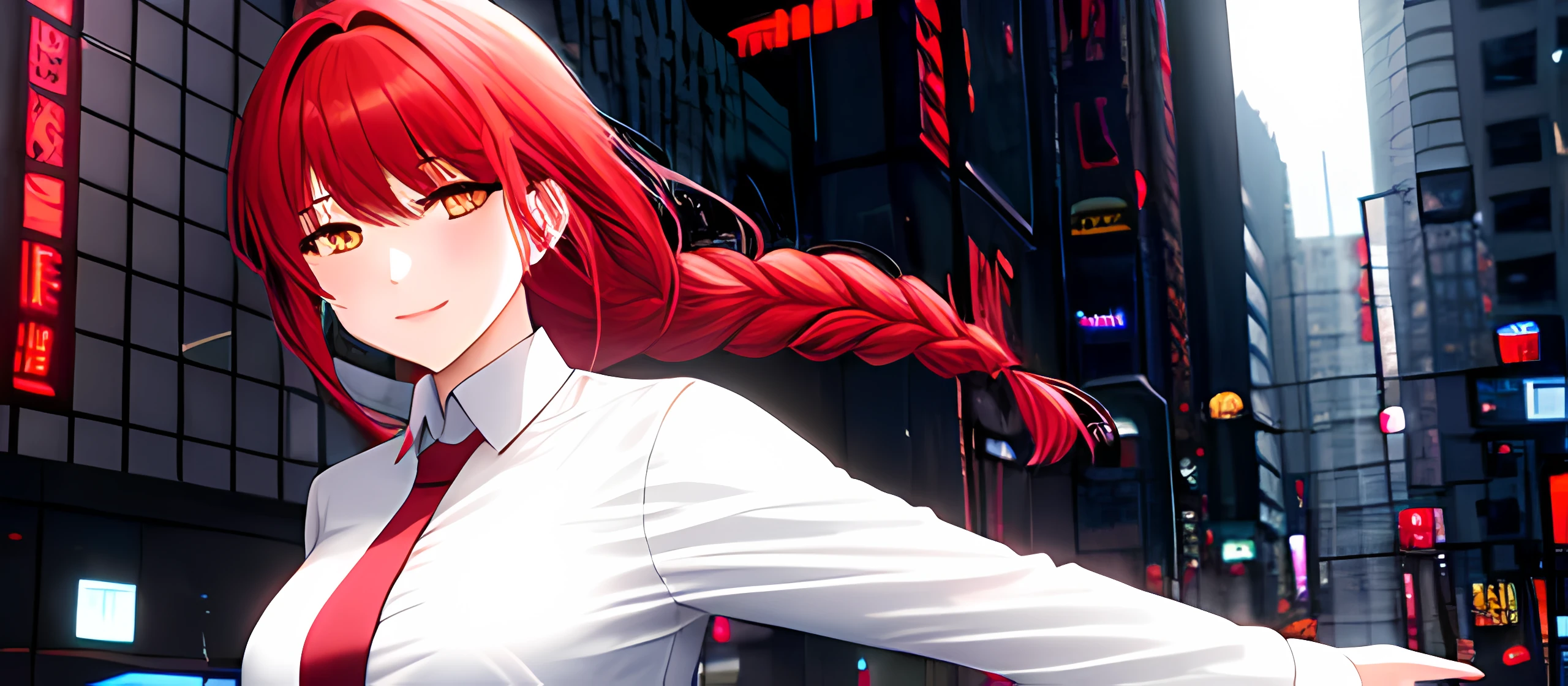 {Masterpiece}, High Quality, makima \(chainsaw man\), best quality, ultra detailed, 1girl, solo, walking through a city, red hair, long braided hair, golden eyes, full body, walking, hands in pockets, bangs, medium breasts, white shirt, necktie, stare, smile, (evil:1.2), looking at viewer, (cyberpunk city),