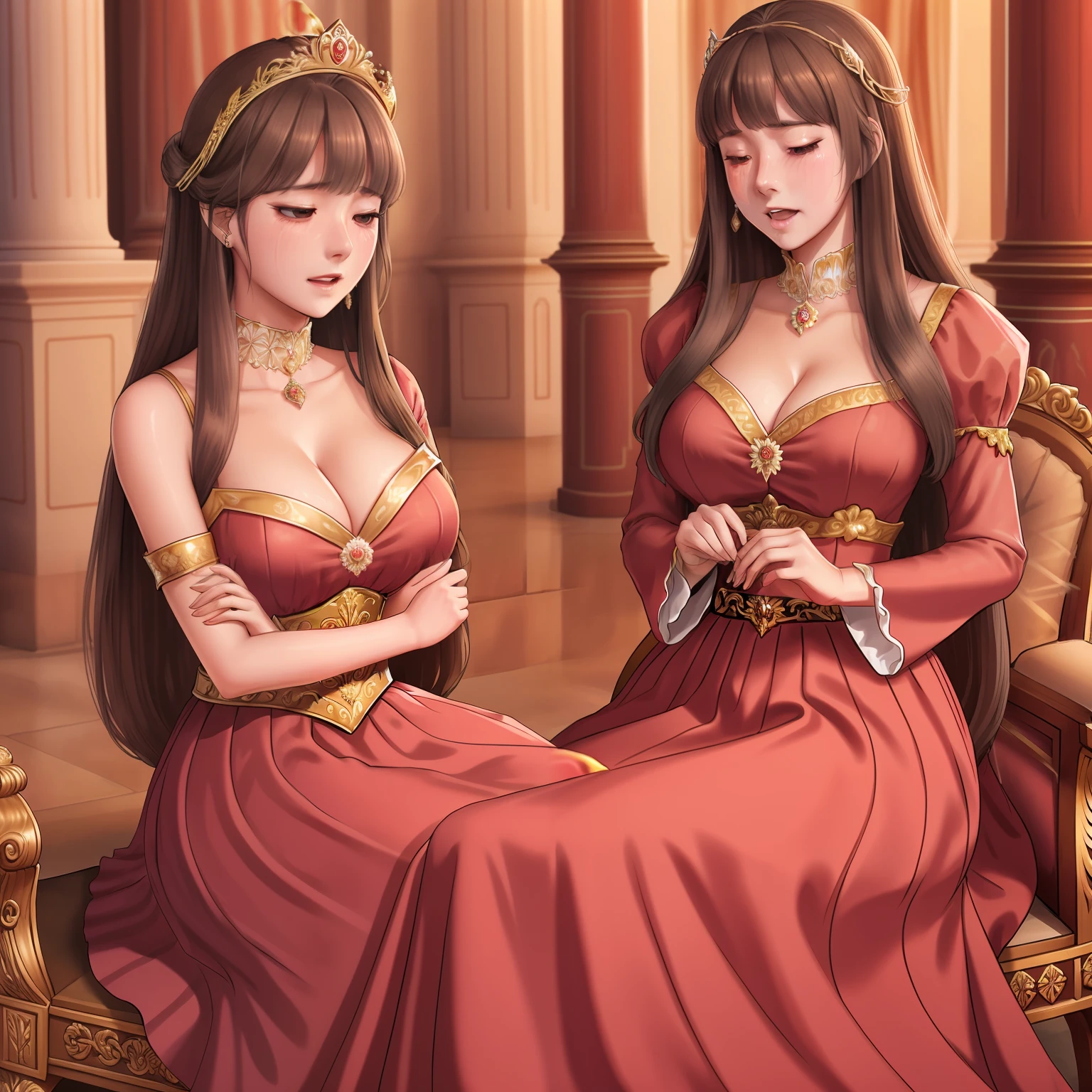 girl,Princess,long wet brown hair,diamods crown,he tall,sexy pose princess,super big breast,(P cup),,sad and cry detailed face,sexy long princess clothes and long skirt outfit,full body,red peach lips,sitting on royal palace,princess hold a bouquet of flowers,in the crowd royal palace,princess crying and screaming continuously, her tears fell down her cheeks, her nose was red on royal palace