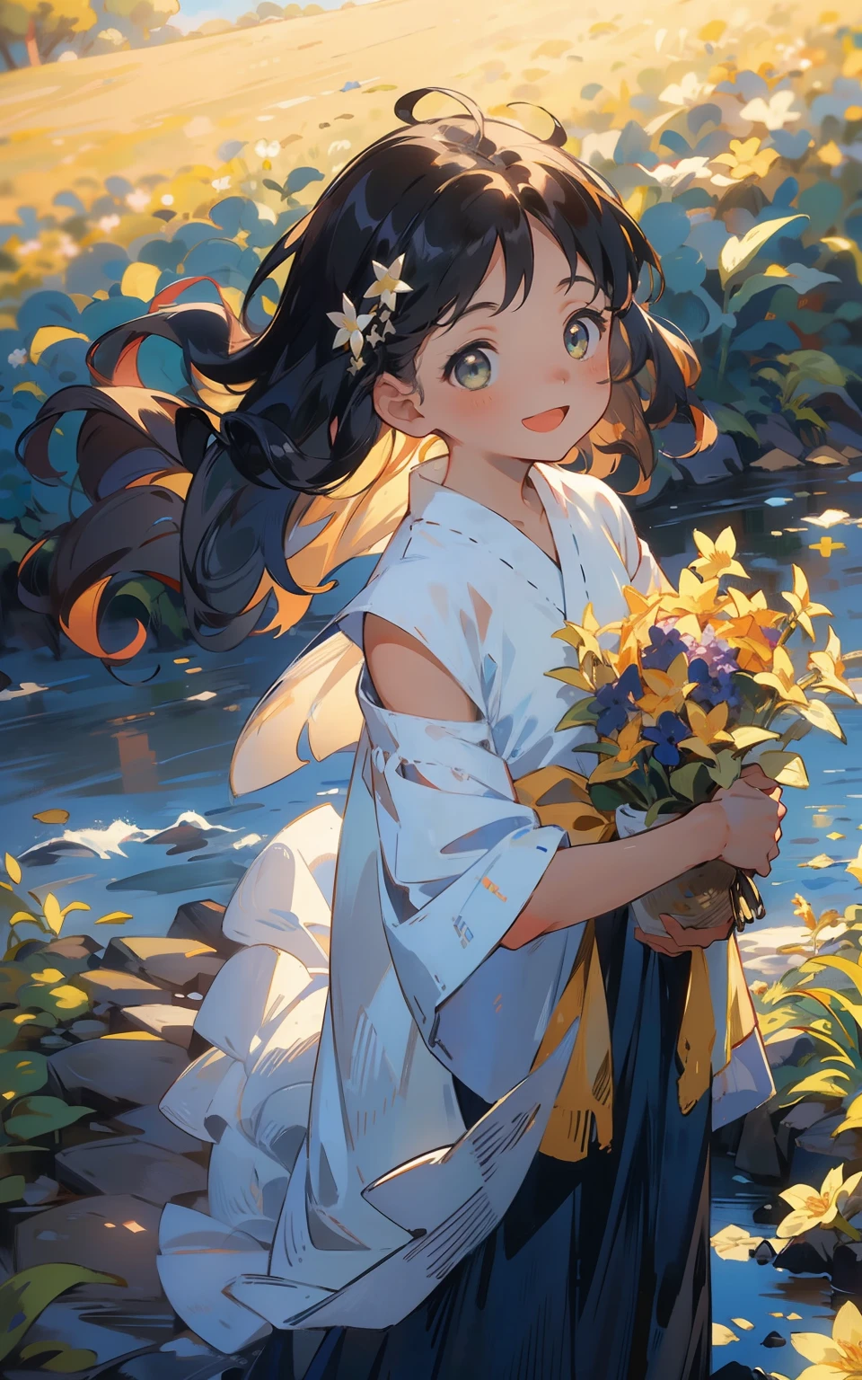 2. The character:Ethnic minority girls,A long black braided shawl descends from the shoulders,Dark green eyes shimmered with life,She wore a cheerful and enthusiastic smile,Wear traditional clothing,Holding a bouquet of brightly colored wildflowers in his hand。 scene:She stood on a path in the mountains,Sunlight shines on her through gaps in the leaves,A gentle breeze ruffled her long hair,Her smile bloomed like a spring flower,Form a bright and warm picture。