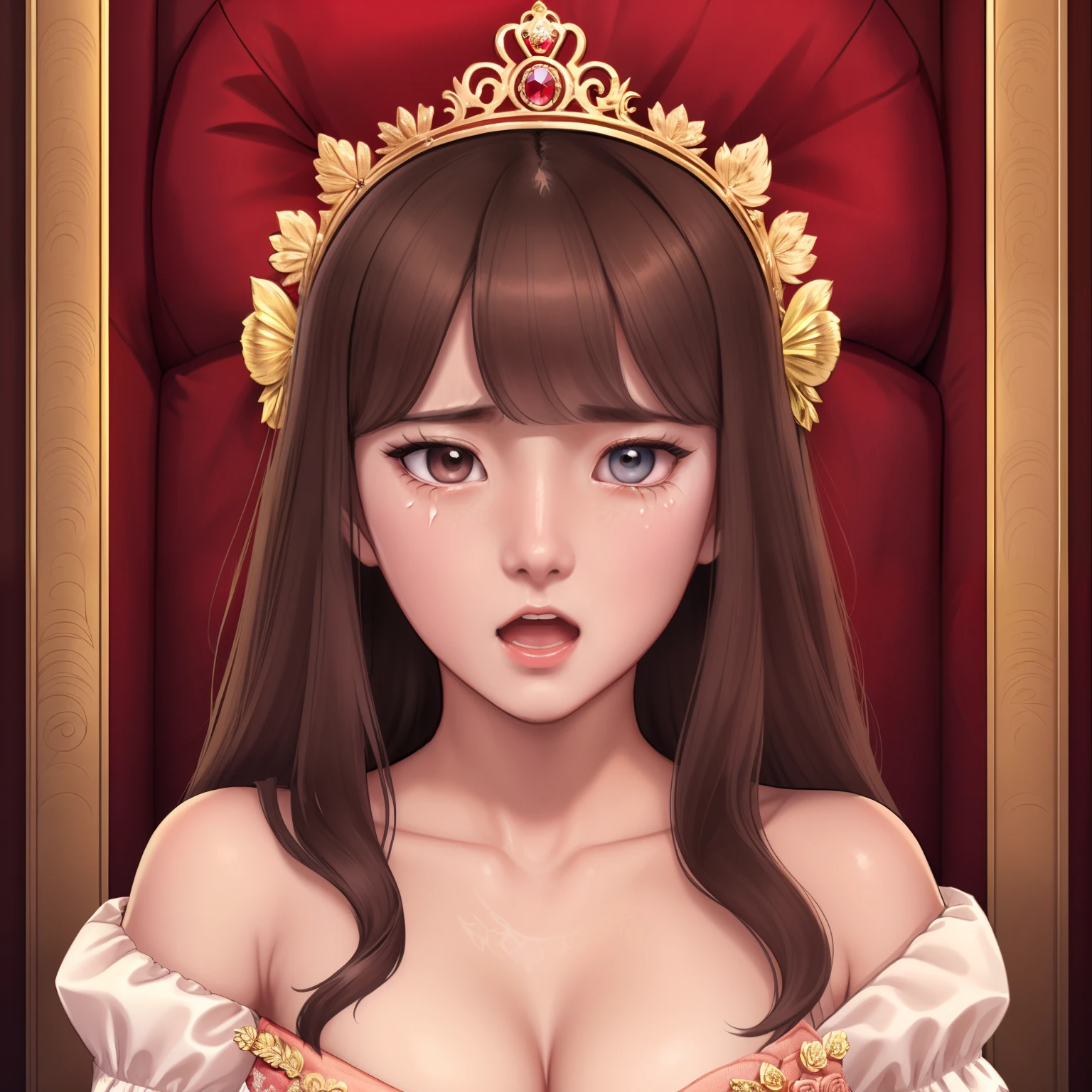 girl,Princess,long wet brown hair,diamods crown,he tall,sexy pose princess,super big breast,(P cup),age 17,sad and cry detailed face,sexy long princess clothes and long skirt outfit,full body,red peach lips,sitting on royal palace,princess hold a bouquet of flowers,in the crowd royal palace,princess crying and screaming continuously, her tears fell down her cheeks, her nose was red on royal palace