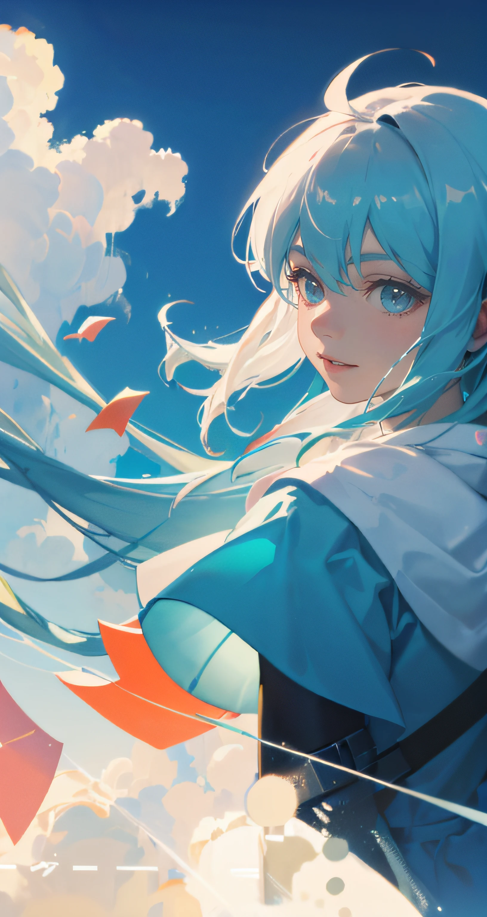 masterpiece, best quality, movie still, 1girl, floating in the sky, cloud girl, cloud, (close-up:1.1), bright, happy, fun, soft lighting, (Bauhaus, shapes, lines, abstract:1.1)