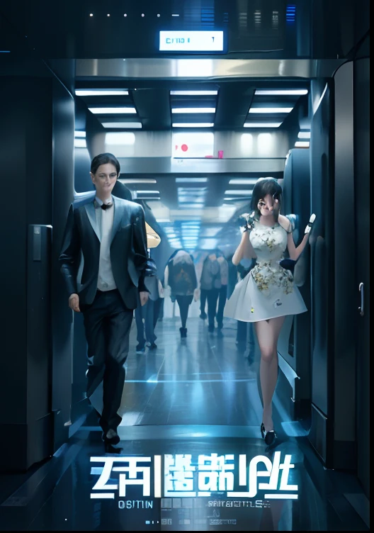 Poster of a man and a woman in an elevator，still from live action movie，A capsule hotel in New Tokyo，Promotional images of sci-fi movies。