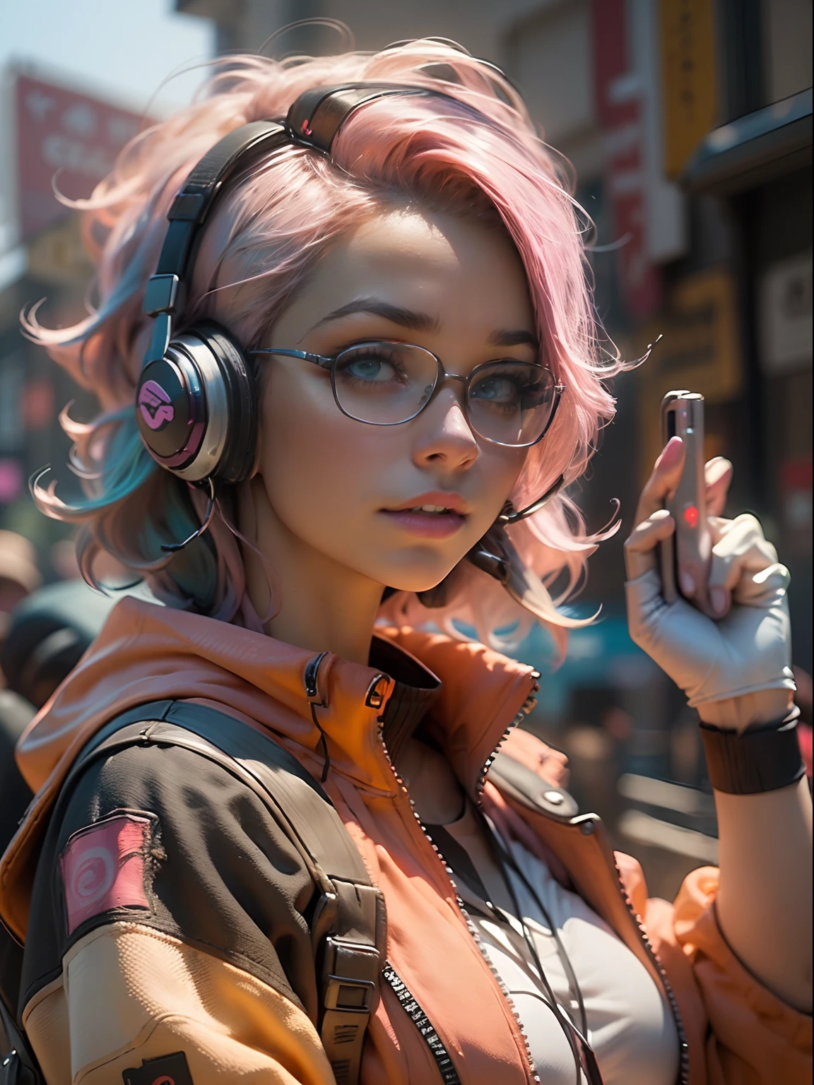 ((Best quality)), ((masterpiece)), ((realistic)) and ultra-detailed photography of a 1nerdy girl with neon headphones. She has ((pink hair)), is wearing an orange techwear jacket, and exudes a ((beautiful and aesthetic)) vibe.