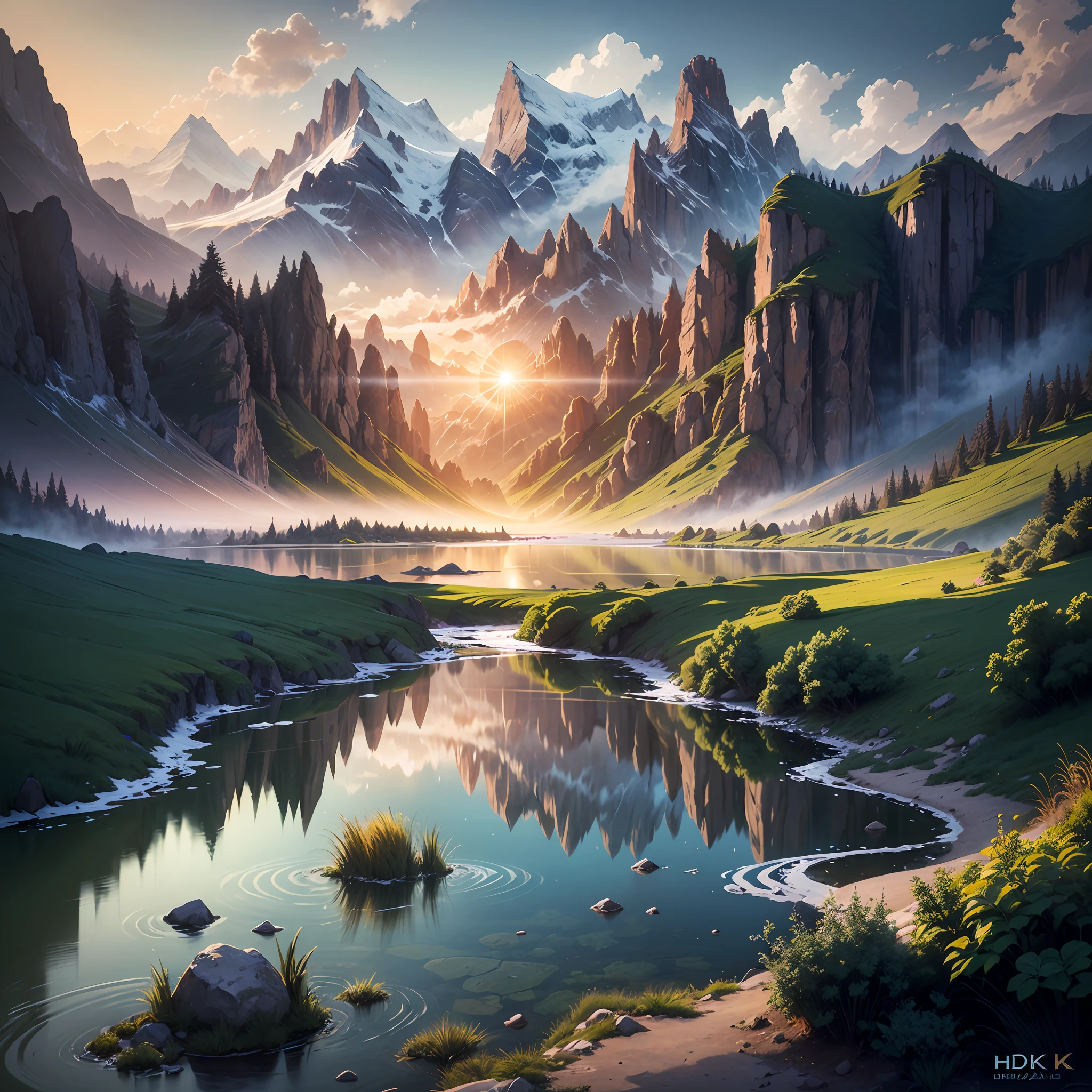 Poems and distances,High mountains and flowing water,The sun rises,All things awaken,exuberant,The natural beauty is endless,HD 4K landscape painting