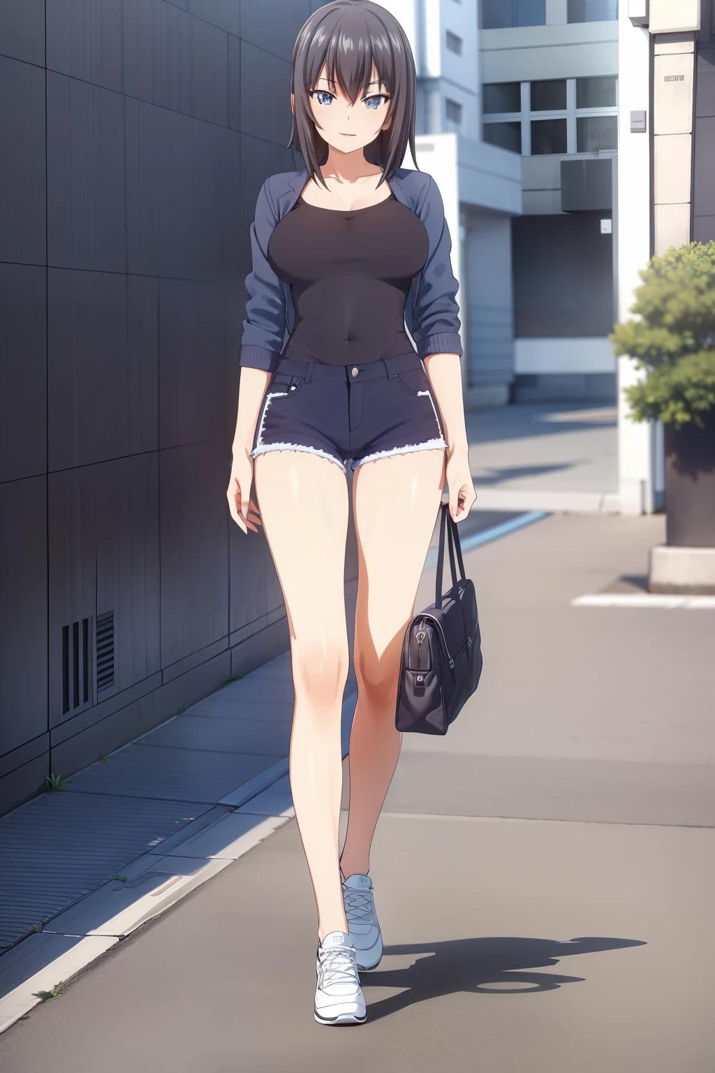 Erika , Dressed in a Modern street style jacket , under it she wears a Dark blue short tank top , a Black Modern street style Jeans , Modern street style Black Sports shoes , She smiles while posing on a nice city wiew