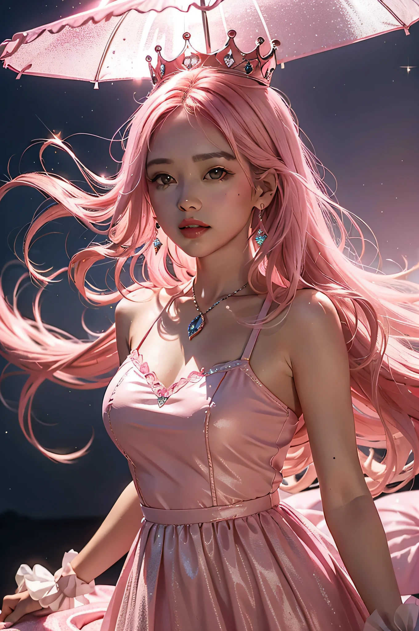 Pink moon, pink sky, soft pink clouds, pink ocean waves sparkling, sparkling, pink roses on pink ocean, fantasy, diamond, crown, universe, soft lights,
