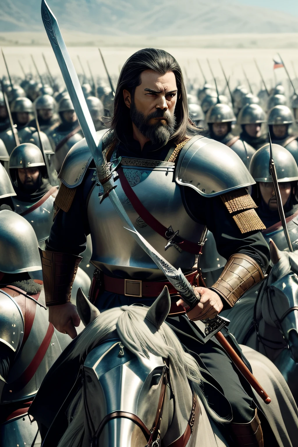 The mighty general wields a long sword，Behind him are thousands of troops