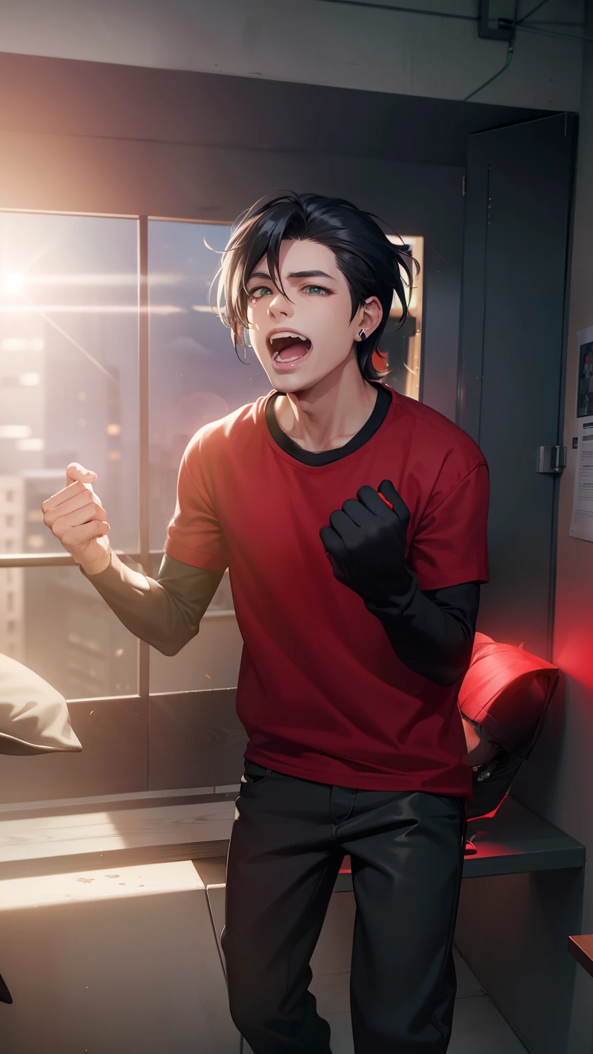 yamada ichiro\(hypnosis mic\), 1boy, solo, looking at viewer, the dirty dawg, , profile, (short hair), red eyes, bangs, black hair, hair between eyes, heterochromia, green eyes, mole under eye, (red shirt), loose pants, bontan, gakuran, open jacket, stud earrings, hood down, zipper, red hood, black belt, belt, black pants, sleeves rolled up, lens flare, sunset