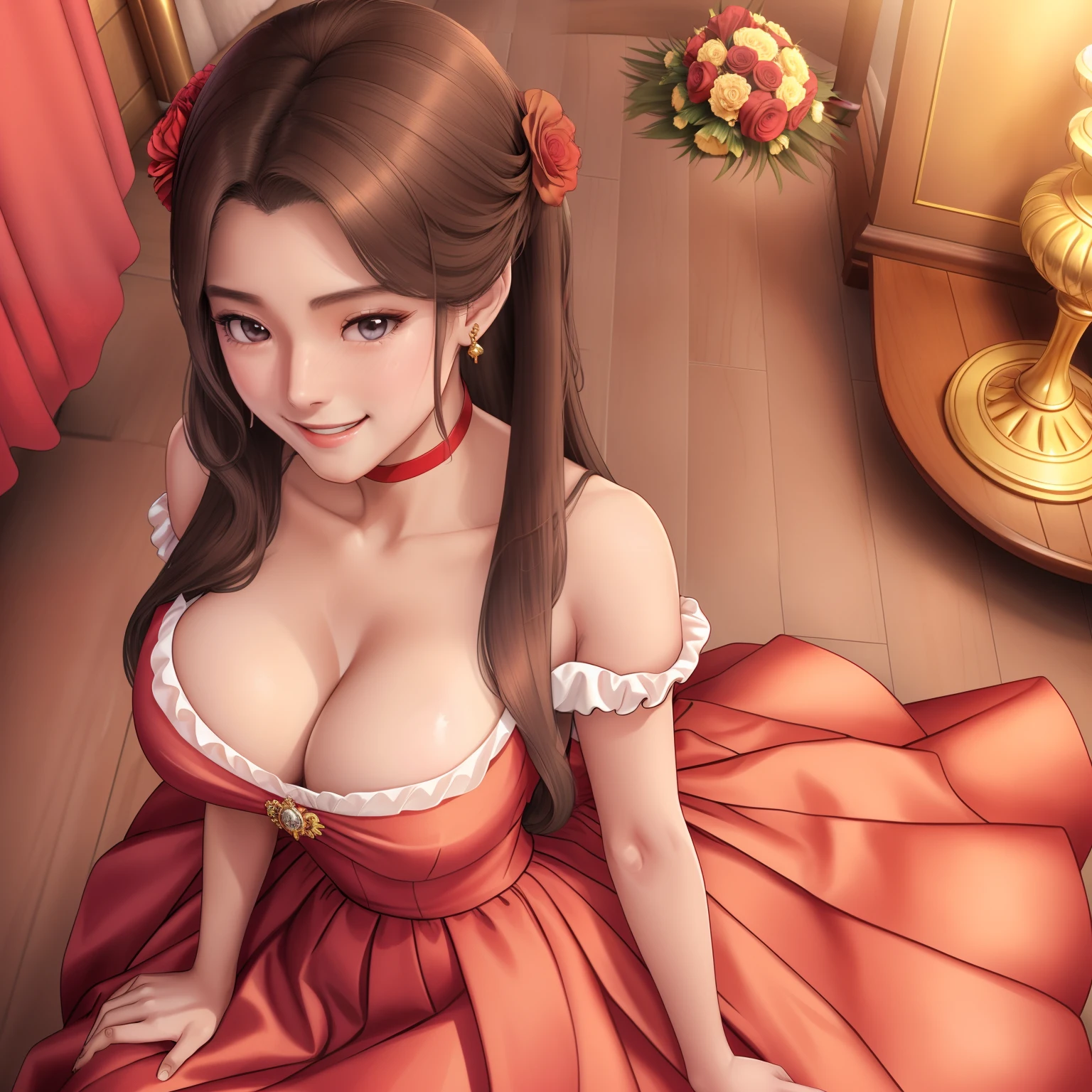 girl,Princess,long wet ponytail brown hair,diamods crown,he tall,sexy pose princess,super big breast,(P cup),age 17,cheerfull,happy and smile detailed face,sexy long princess clothes and long skirt outfit,full body,red peach lips,sitting on royal palace,princess hold a bouquet of flowers,in the crowd royal palace,her nose was red on royal palace