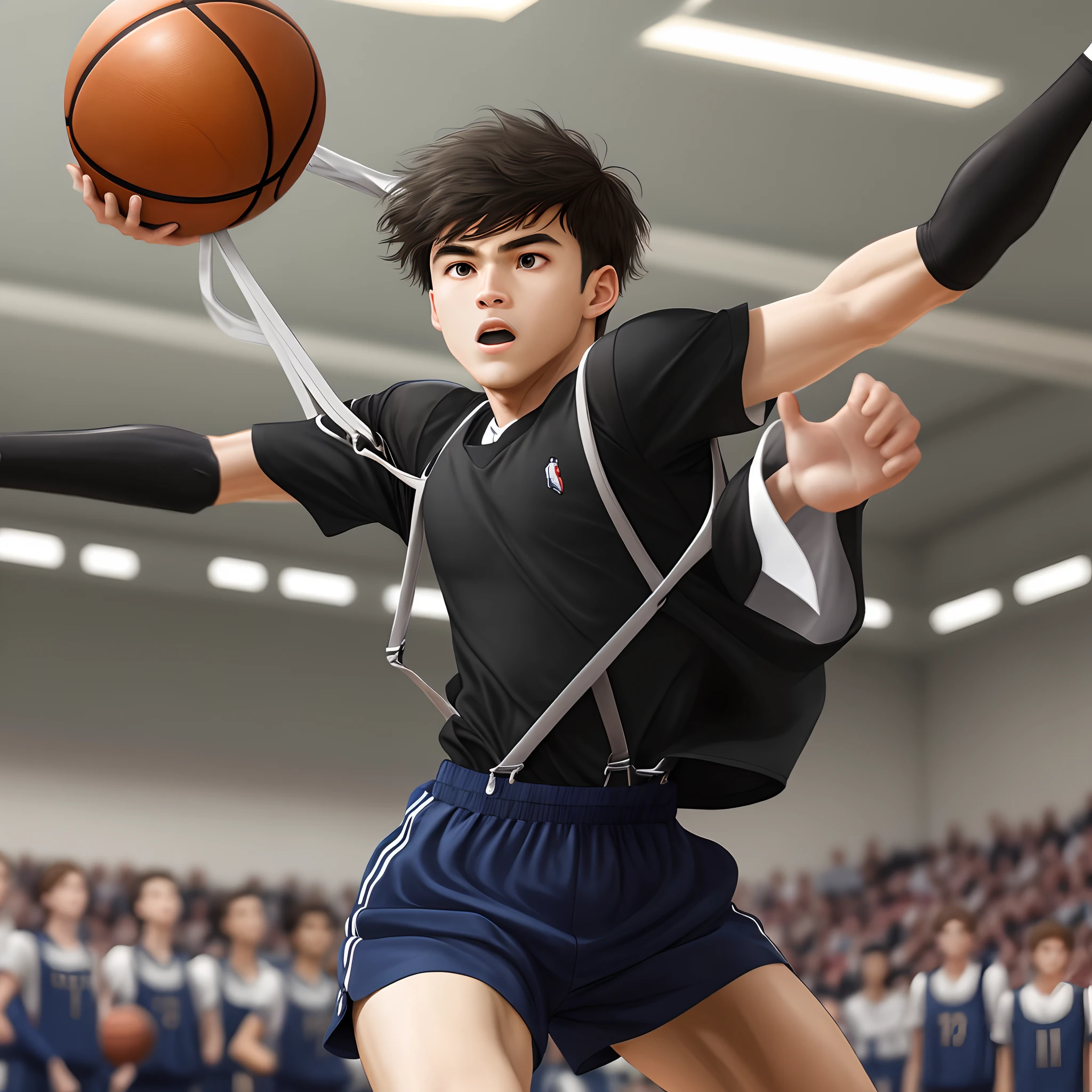 Black clothes，White-laced suspenders，Split head，Playing the Basketball，schoolboy