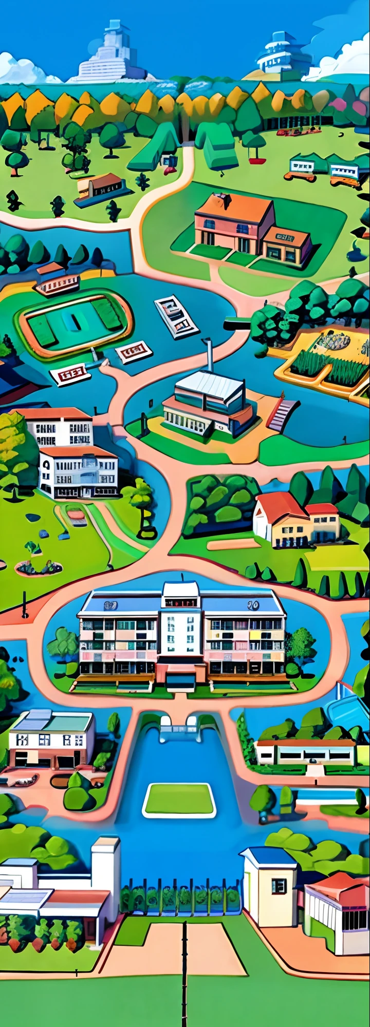 Cartoon illustration of school campus map with pond and tennis court, town center background, town background, highschool background, Detailed 2D illustration, small town surrounding, residential area, aerial illustration, Isometric map, Game map, Top view map, detailed digital illustration, japanese town, detailed school background, Highly detailed illustration, colorful illustrations, detailed scene