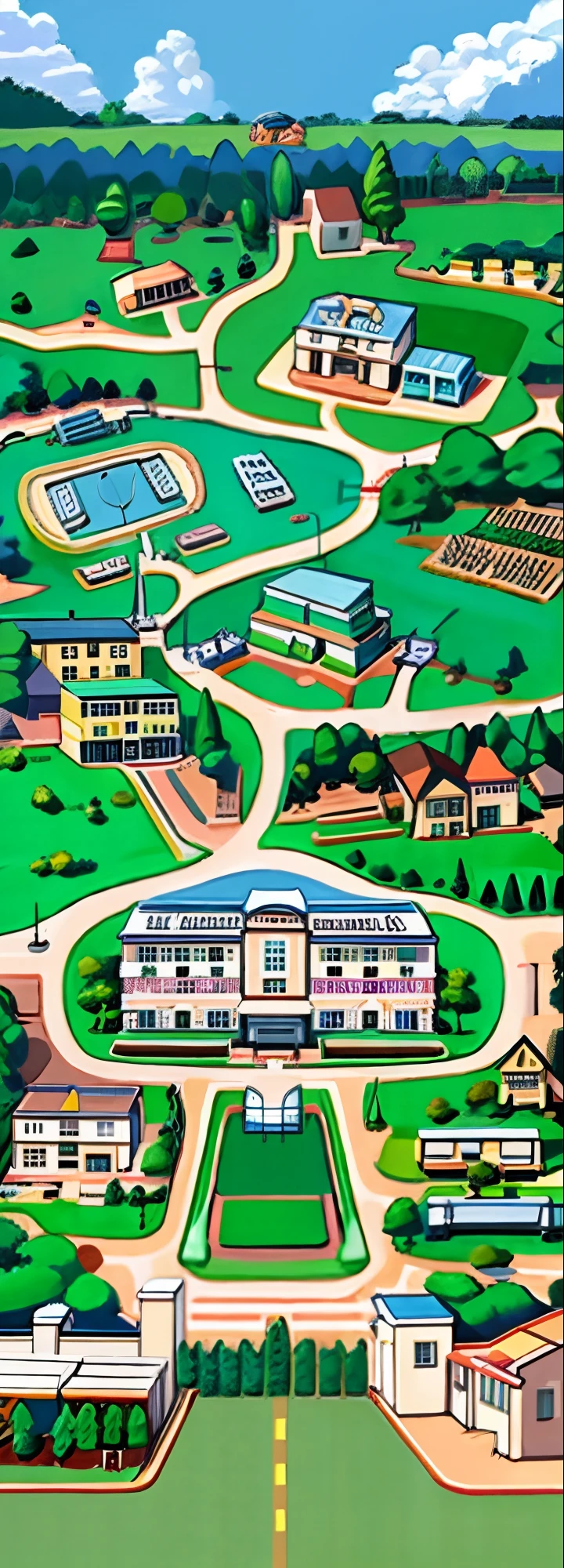 Cartoon illustration of school campus map with pond and tennis court, town center background, town background, highschool background, Detailed 2D illustration, small town surrounding, residential area, aerial illustration, Isometric map, Game map, Top view map, detailed digital illustration, japanese town, detailed school background, Highly detailed illustration, colorful illustrations, detailed scene