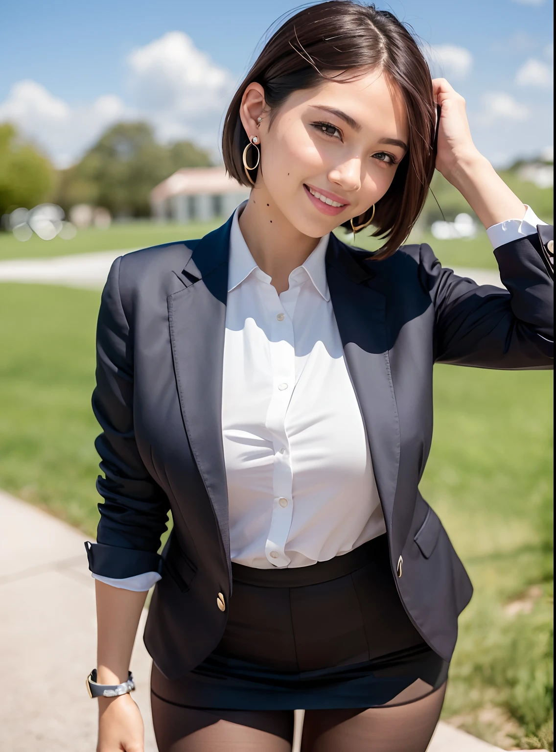 (8K, Best quality, Masterpiece:1.2),
(Realistic, photo-realistic:1.37),
Ultra-detailed,
1 girl, full bodyesbian, Outdoors, (Adjust hair:1.5)
Office Lady, black officeblazer, officeskirt, (Pantyhose:1.2), (short buttoneddownshirt:1.2), buttonedupcollarprim, buttoneddowncollarprim, Bra, (Pantyhose:1.2), alphalayers, high-heels,
Beautiful earrings,
Cute,
Solo,
Beautiful detailed sky,
(Smile:1.15),
(Closed mouth),
Small breasts,
Beautiful detailed eyes,
Business attire,
(Short hair:1.2),
Floating hair NovaFrogStyle,