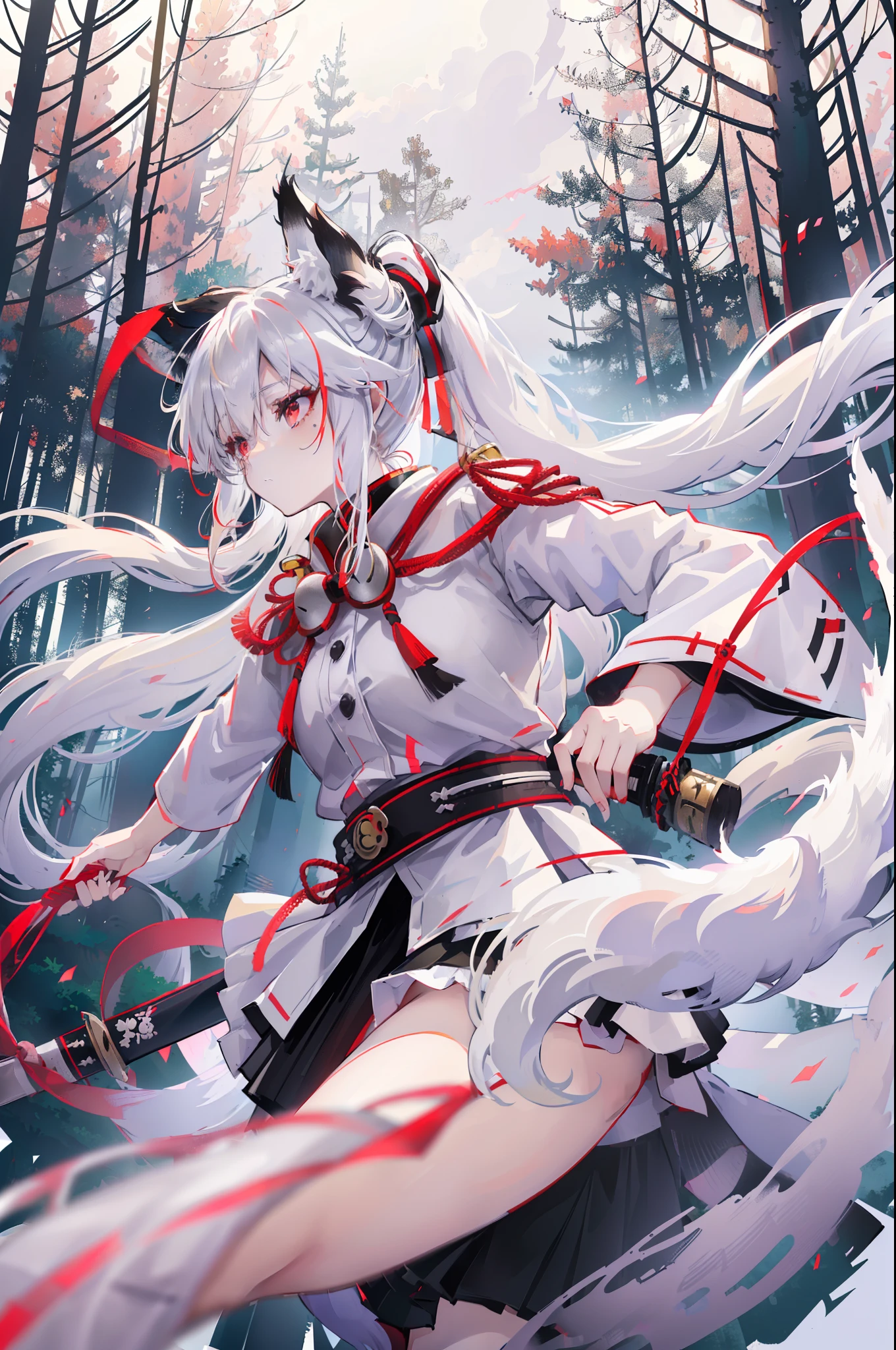 ((solo), (anime kitsune girl with long white hair in ponytail), (fox girl holding a katana and wearing a white uniform and black skirt), (red eyes), white haired deity, neutral expression, high quality, ((extreme detail)), ((forest village in background))