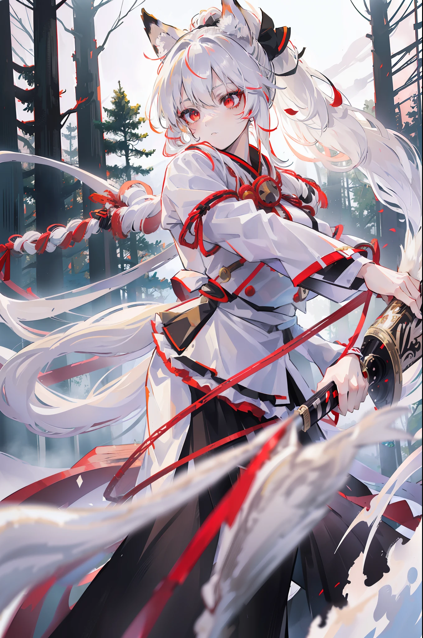 ((solo), (anime kitsune girl with long white hair in ponytail), (fox girl holding a katana and wearing a white uniform and black skirt), (red eyes), white haired deity, neutral expression, high quality, ((extreme detail)), ((forest village in background))