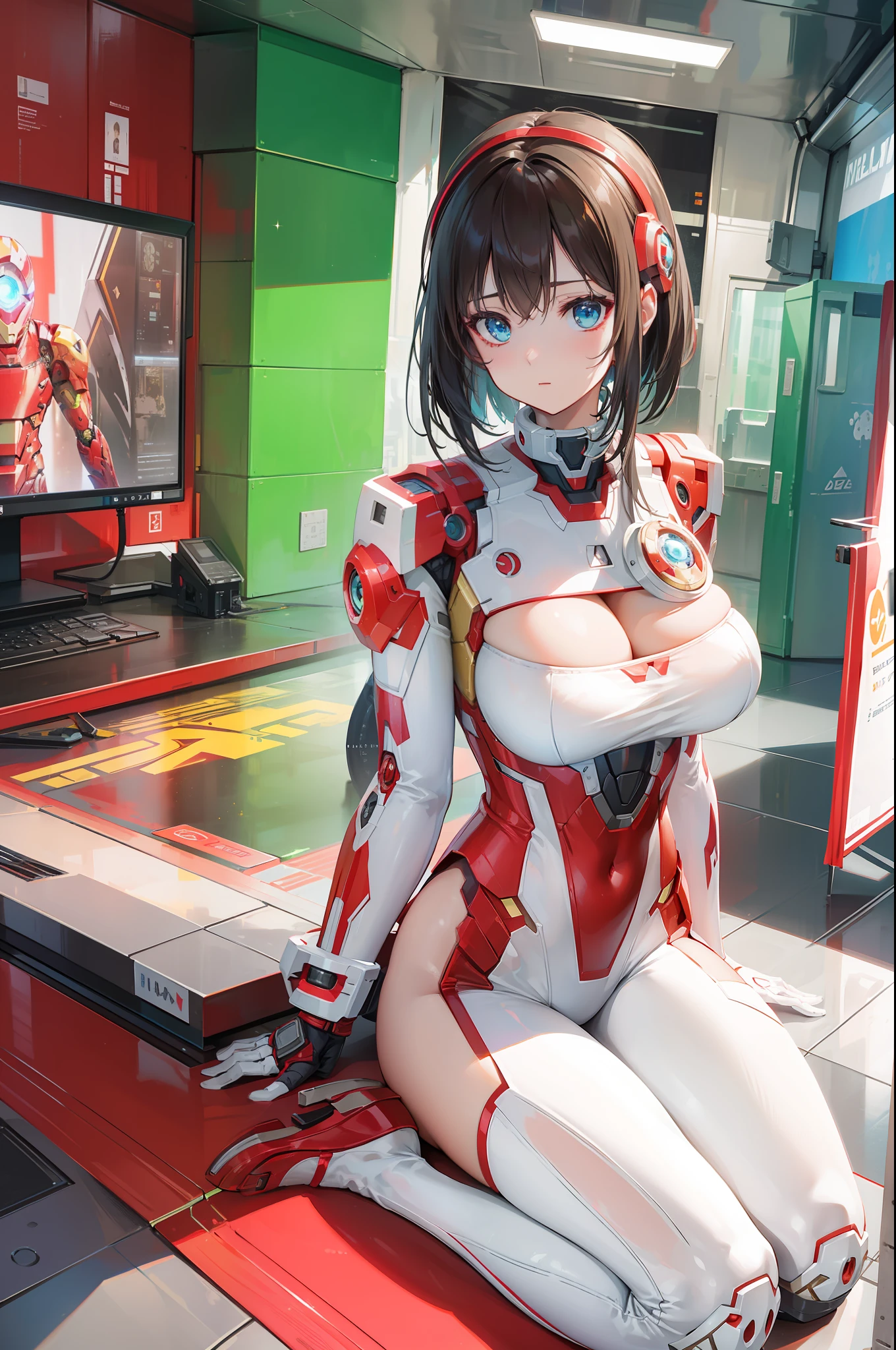 （best qualtiy））， （tmasterpiece））， （the detail：1.4）， 3D， Beautiful cyberpunk woman image， Iron Man， Free posture， Shiny metal set， hdr， Ray traching， NVIDIA RTX， Hyper-Resolution， Unreal 5， sub surface scattering， PBR Texture， Post-processing， Anisotropic filtering， depth of fields， Maximum clarity and sharpness， Many-Layer Textures， Albedo e mapas Speculares， Surface coloring， Accurate simulation of light-material interactions， perfectly proportions， rendering by octane， twotonelighting、largeaperture、Low ISO、White balance、trichotomy、8K raw data、gigantic cleavage breasts，Colossal tits，The groove exposes the original skin