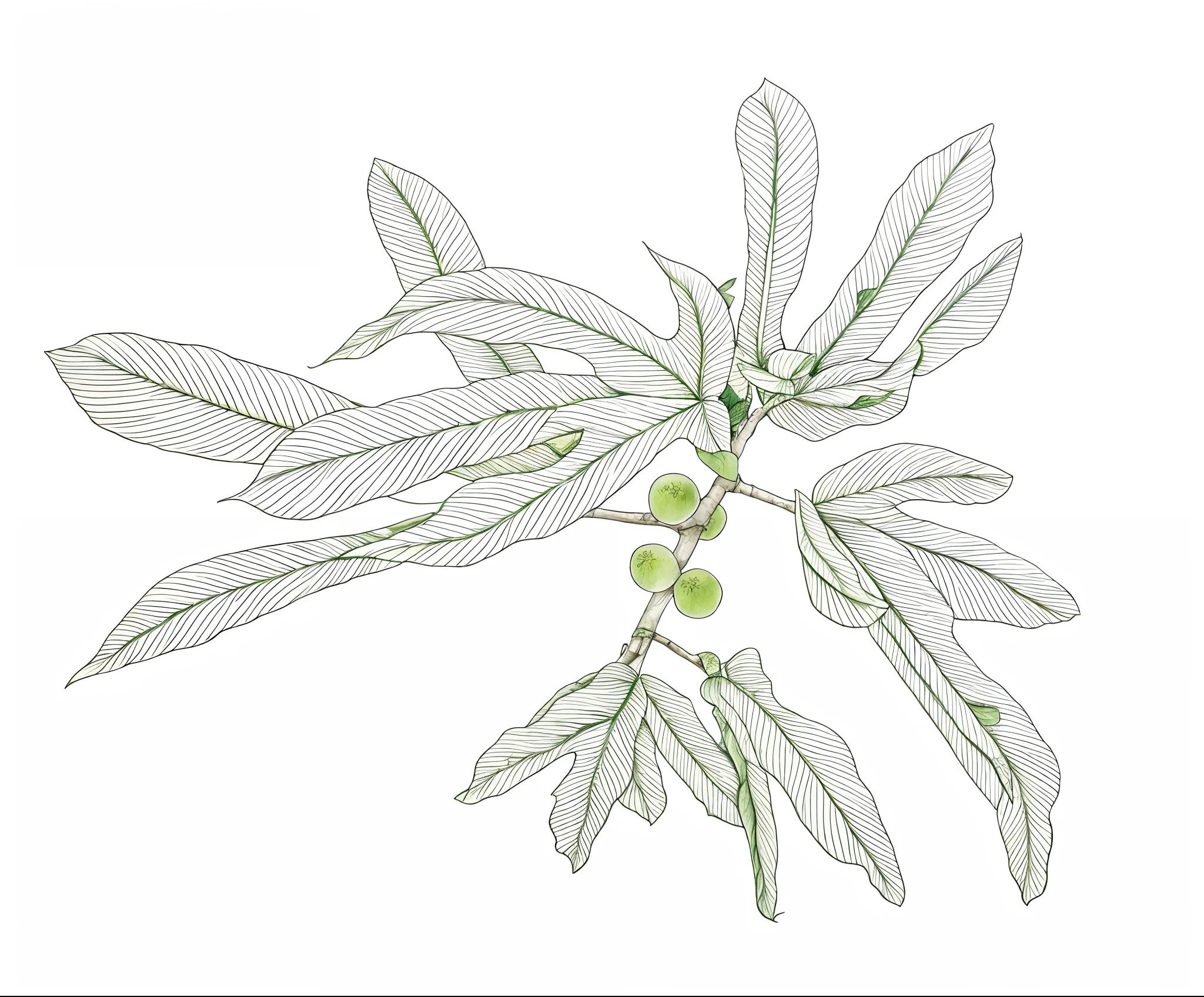 Close-up of thick-leaved plant line drawing of banyan tree,The leaves are palm-shaped,White background,Mono Color,Line drawings,tmasterpiece,Need