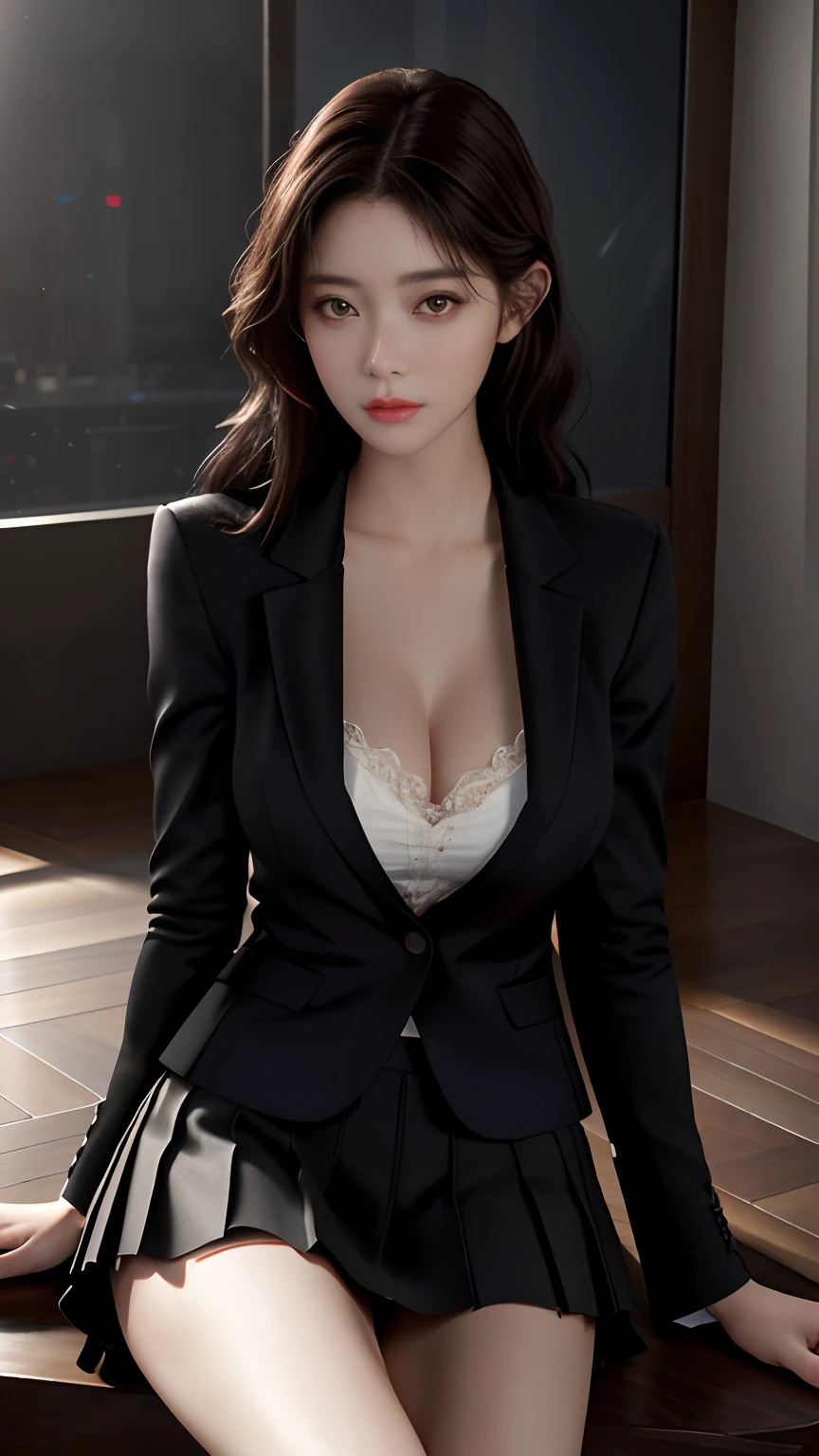 best quality, masterpiece, 1girl, Beautiful face, (photo realistic:1.3), rim lighting, (high detailed skin:1.2), 8k uhd, dslr, high quality, high resolution, 4k, 8k, Bokeh, absurdres, best ratio four finger and one thumb, (realistic:1.3), cute 1girl, wearing black formal blazer, medium breasts, short skirt,