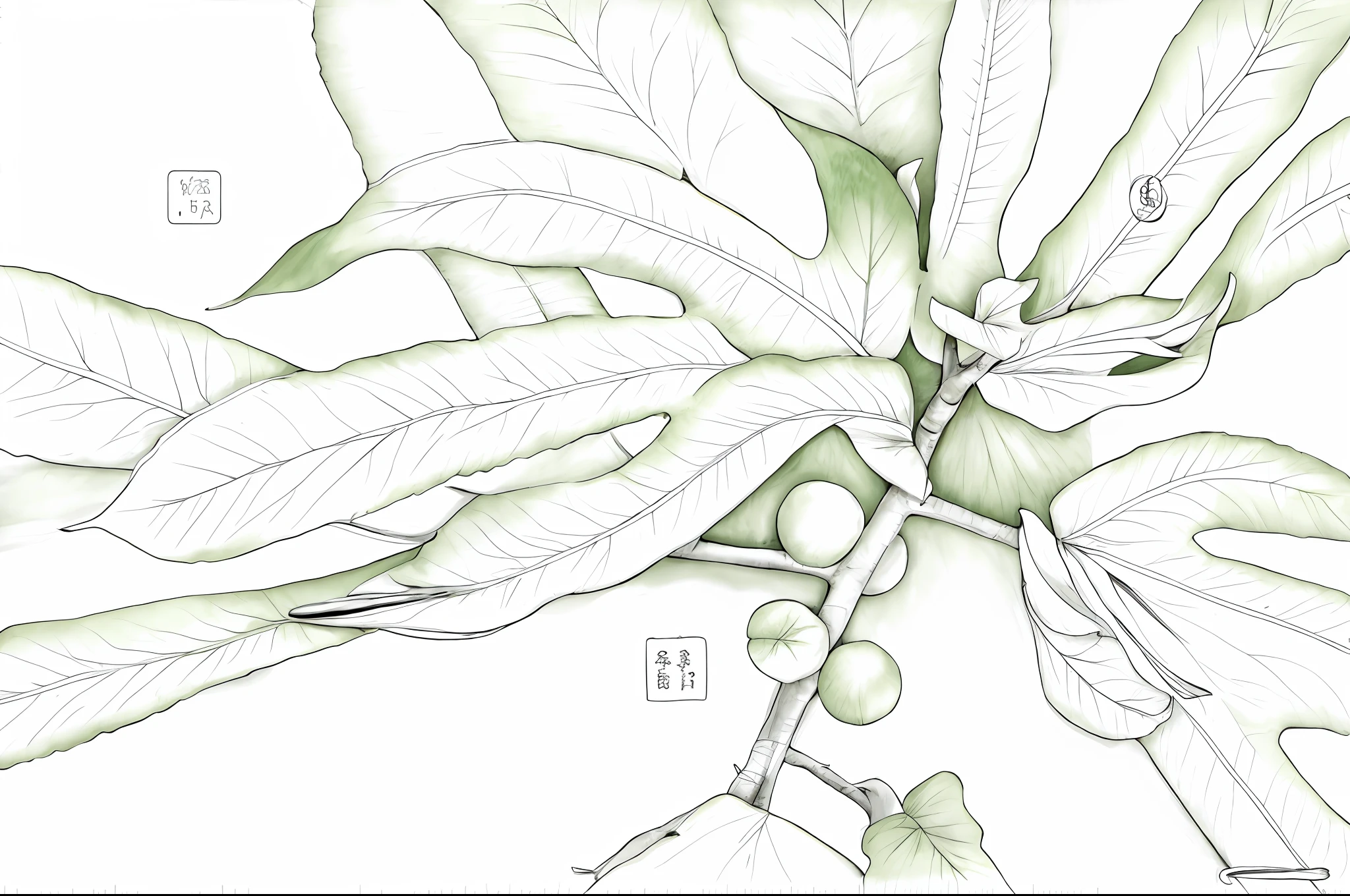 Close-up of thick-leaved plant line drawing of banyan tree,The leaves are palm-shaped,White background,Mono Color,Line drawings,tmasterpiece,Need