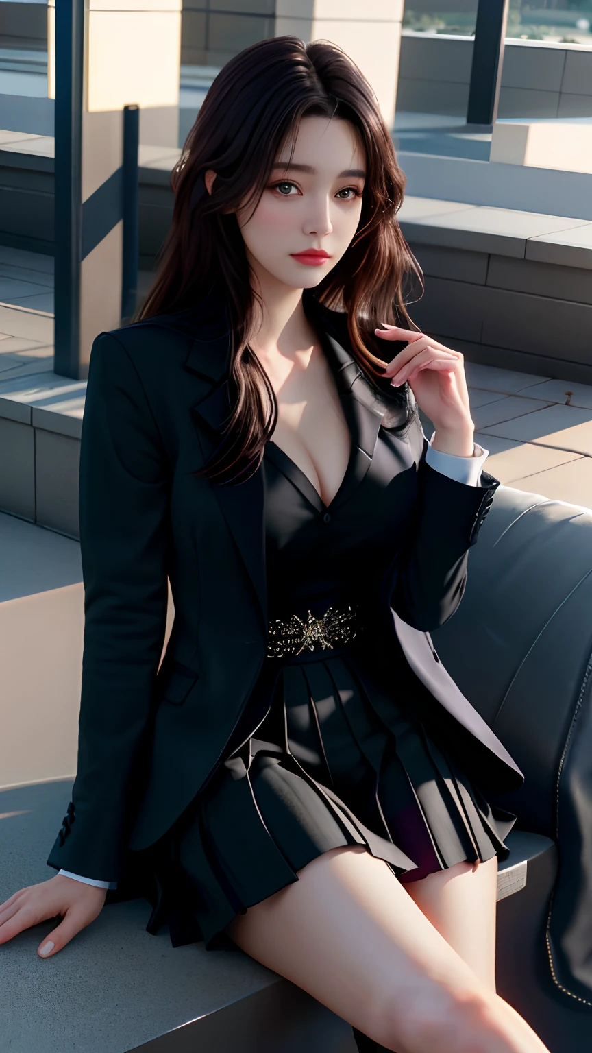 best quality, masterpiece, 1girl, Beautiful face, (photo realistic:1.3), rim lighting, (high detailed skin:1.2), 8k uhd, dslr, high quality, high resolution, 4k, 8k, Bokeh, absurdres, best ratio four finger and one thumb, (realistic:1.3), cute 1girl, wearing black formal blazer, medium breasts, short skirt,
