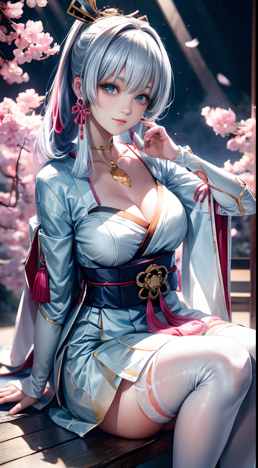 best qualityer, tmasterpiece, High- sharpness, 1girl, Clear silk porcelain dress, beauitful face, hair adornments, looking at viewert, ssmile, Keep one's mouth shut, cparted lips, shift dresses, hair adornments, choker necklace, jewely, long whitr hair, 耳Nipple Ring, beauitful face,upon_body, Tyndall effect, Photorealsitic, dark studio, edge lit, twotonelighting,(highdetailskin:1.2), 8K UHD, digital SLR camera, gentle illumination, high high quality, Volumetriclighting, Frankness, photore, A high resolution, 4k, 8k, Bokeh Huge,white stockings,Japanese clogs,looking at viewert,Realistic cherry blossoms,
