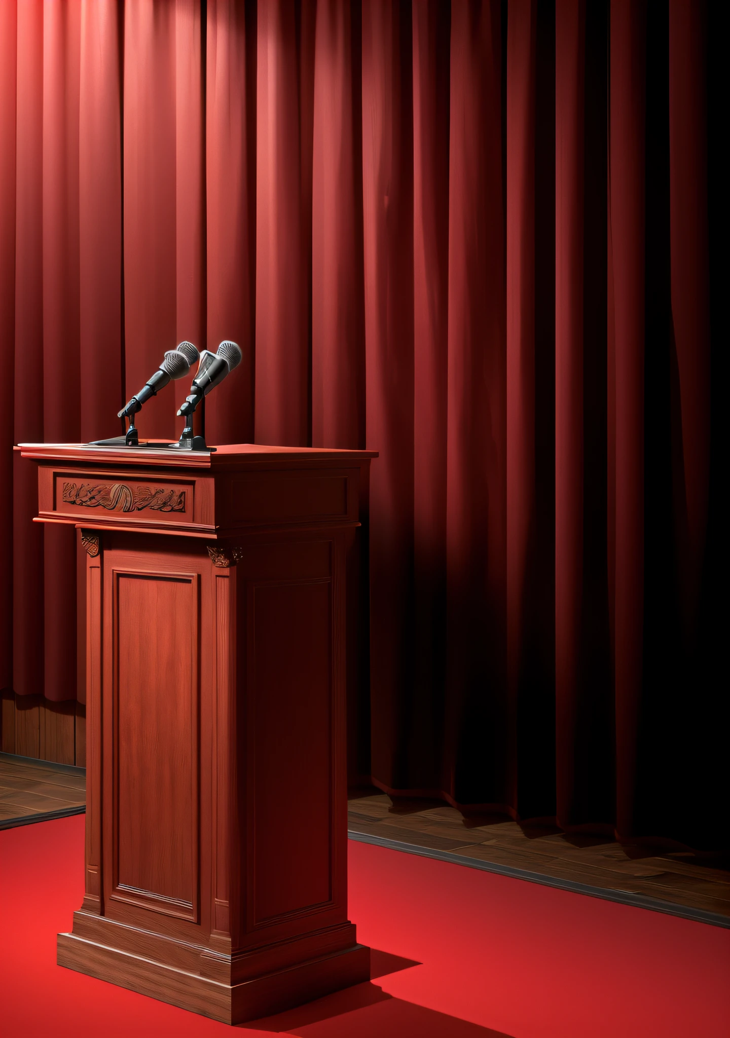 There is a wooden podium，There is a dark red curtain at the back