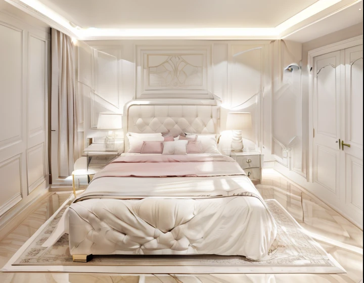 modern bedroom design, neoclassical style, image layout following the outline, 1 bed, 1 tab, 1 dressing table, 1 white curtain, 1 wall decoration, plaster ceiling flat white, (((light tone:1.3)), pink