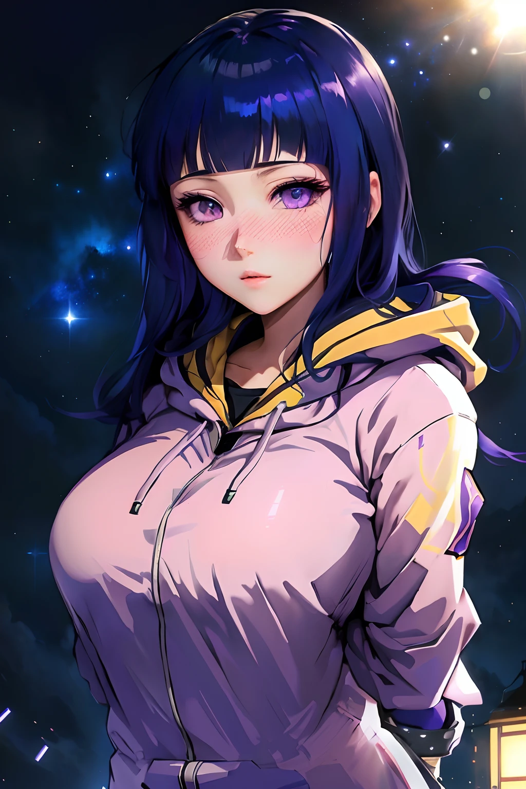 Anime girl with blue hair and purple jacket standing in front of a ...