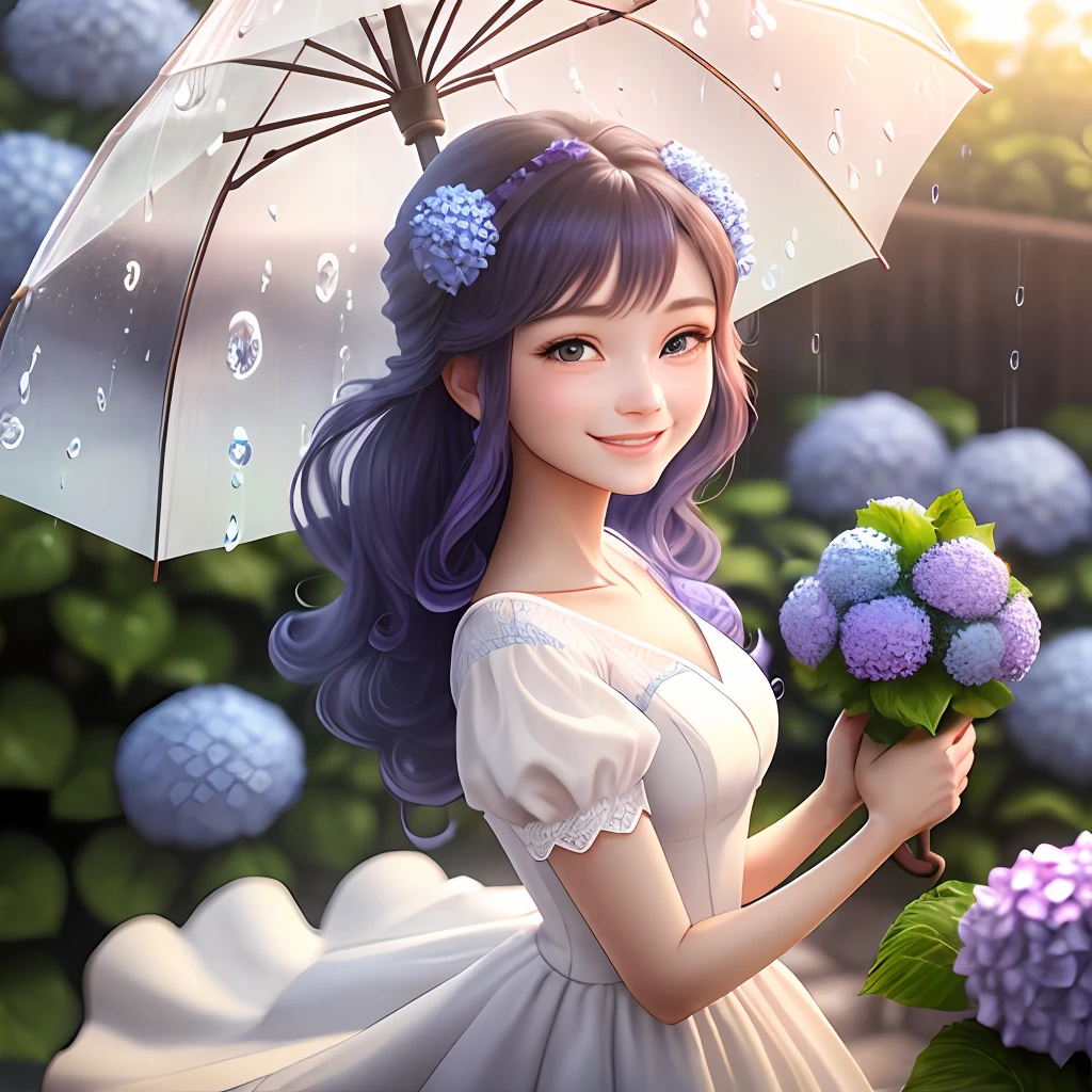 The girl is wearing a white dress, one hand holding an umbrella, one hand reaching out to catch raindrops, smiling, eyes looking at the hand, the background blue-purple hydrangea, the sunshine is soft, the raindrops are shining, the color is fresh, 3D second dimension